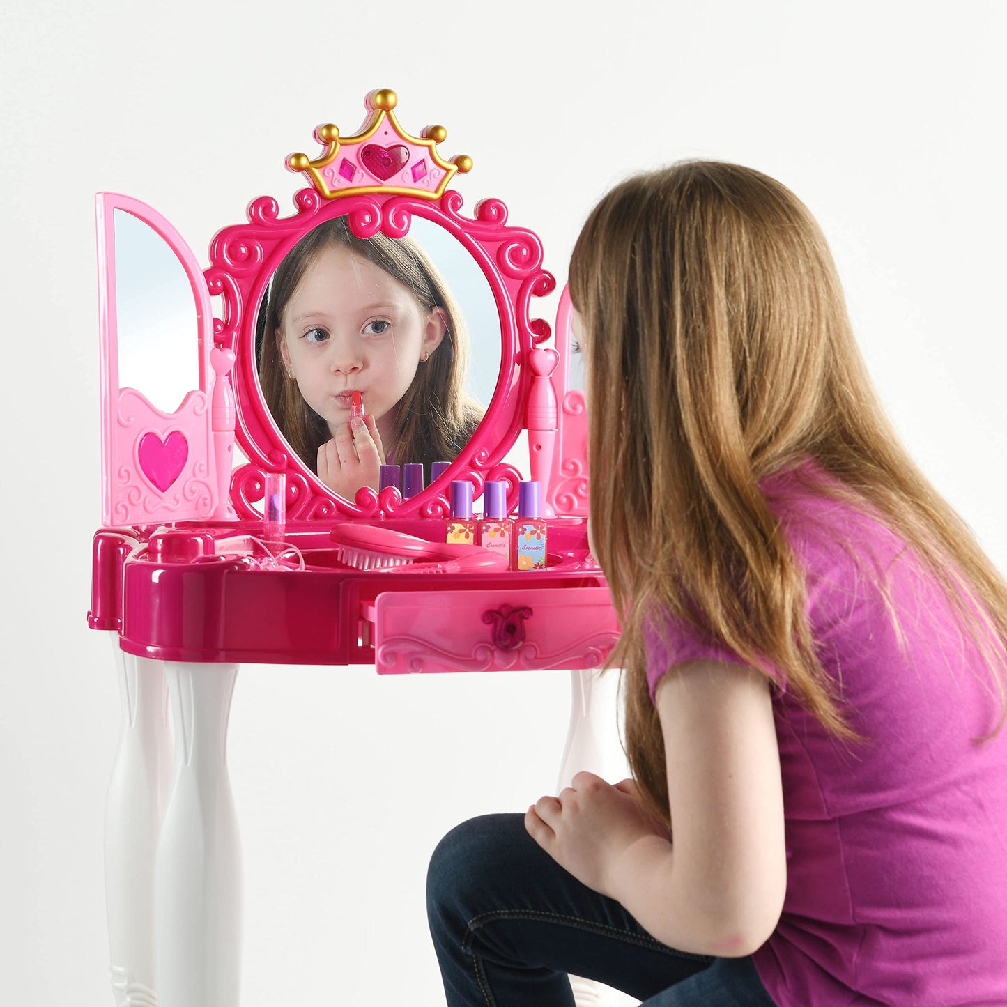 Play22 Pretend Play Girls Vanity Set with Mirror & Stool – 21-Piece Lights & Sounds Vanity Table
