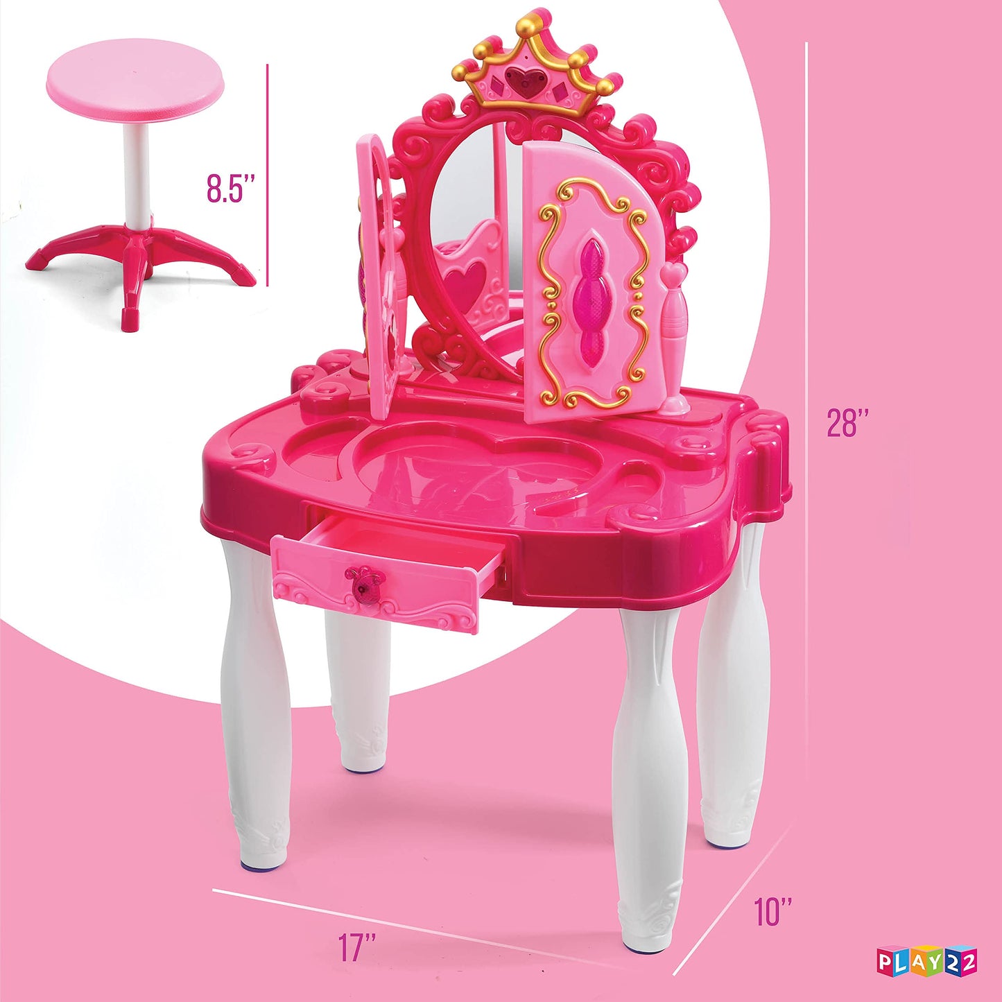 Play22 Pretend Play Girls Vanity Set with Mirror & Stool – 21-Piece Lights & Sounds Vanity Table