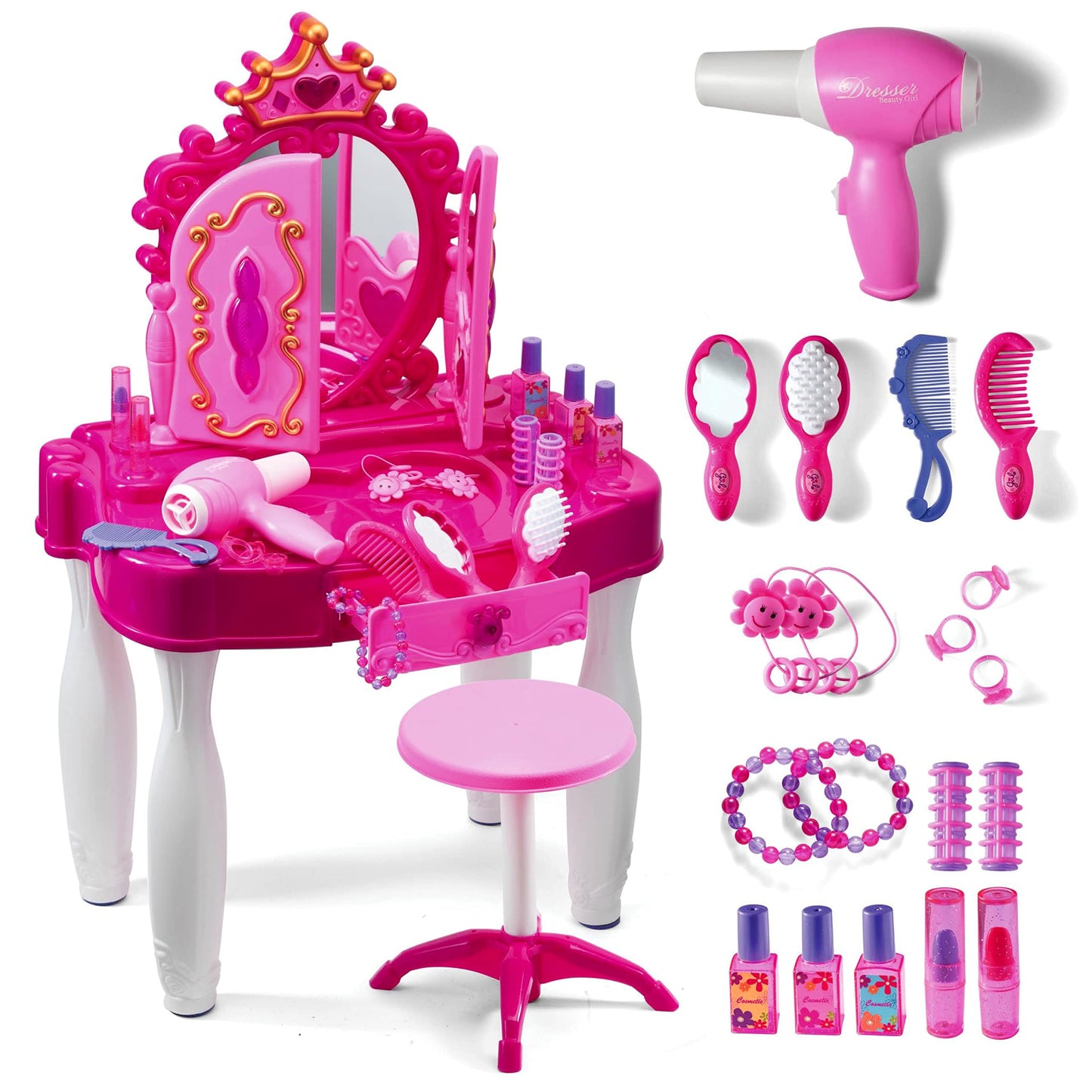 Play22 Pretend Play Girls Vanity Set with Mirror & Stool – 21-Piece Lights & Sounds Vanity Table