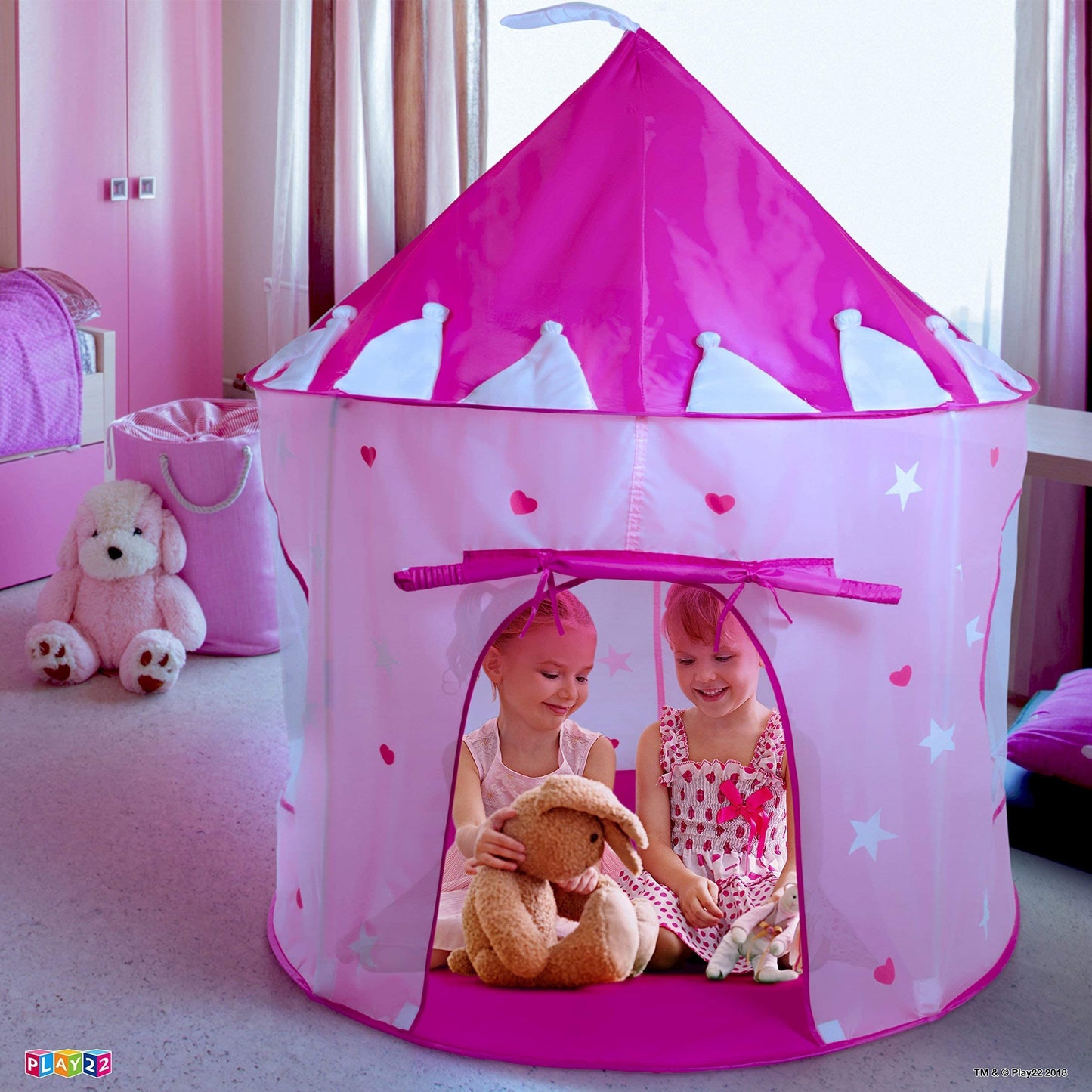 Play22 Play Tent Princess Castle Pink — Glow-in-the-Dark Stars, Portable Pop-Up Indoor/Outdoor