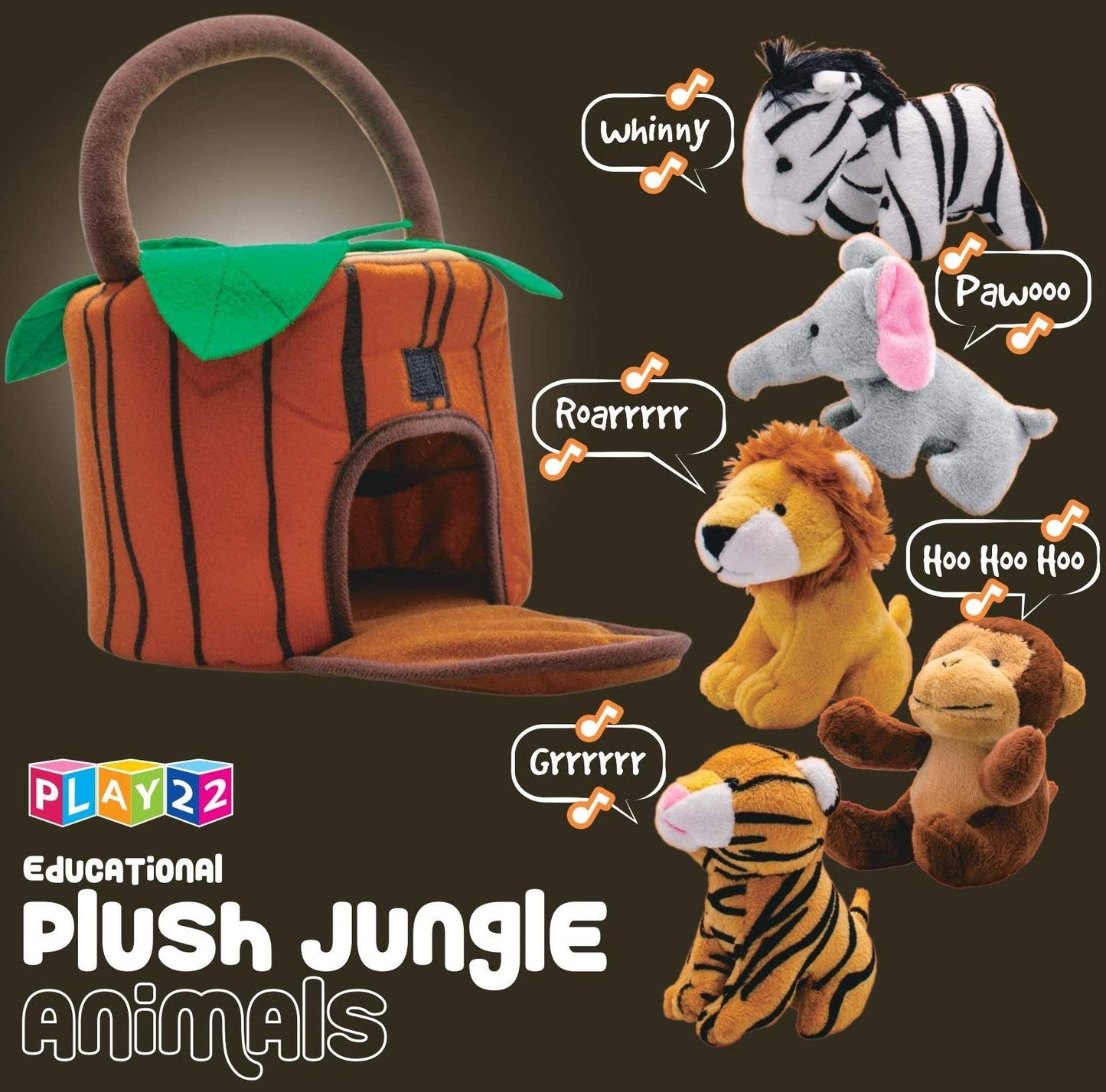 Play22 6-Piece Plush Talking Jungle Animals Set with Carrier - Elephant, Tiger, Lion, Zebra, Monkey
