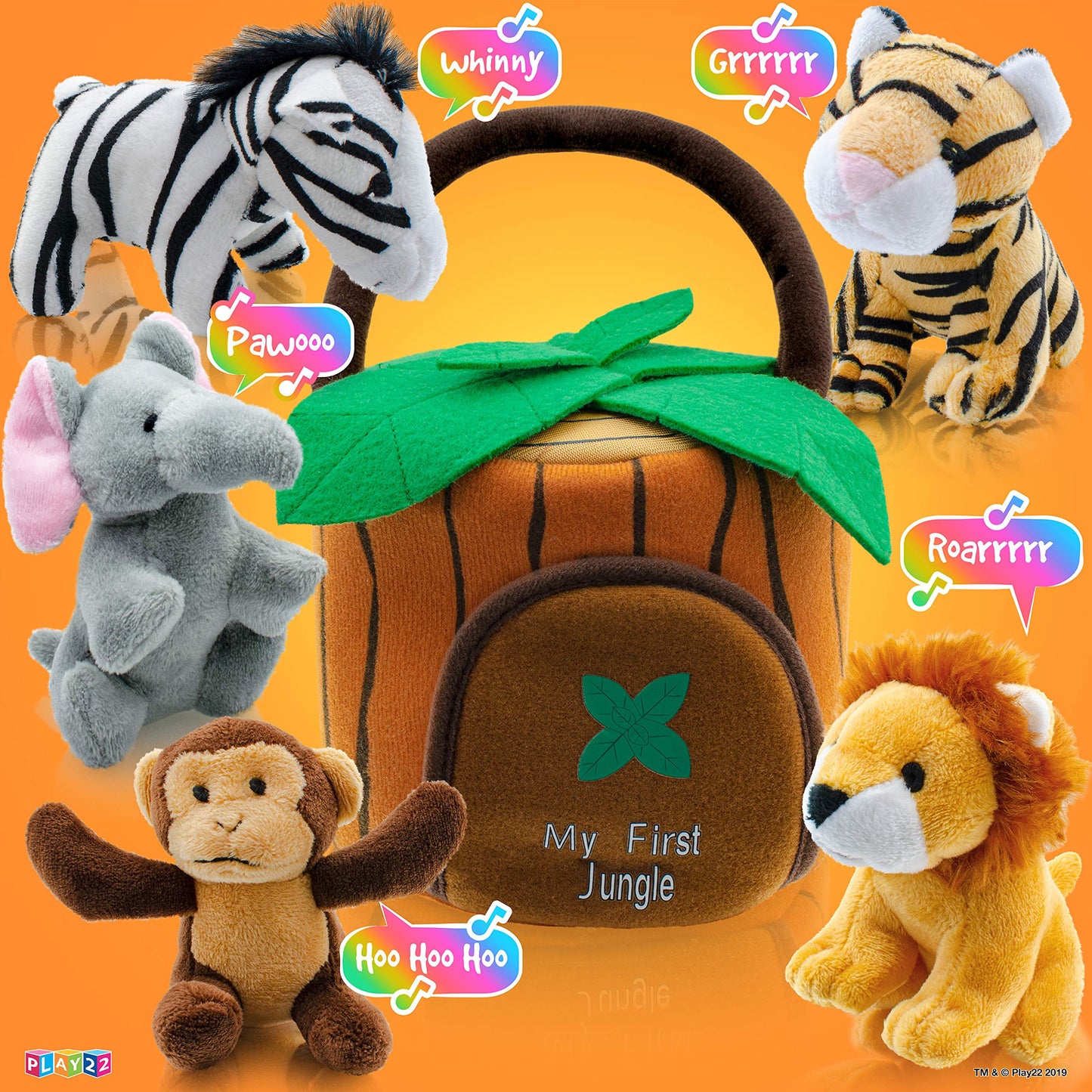 Play22 6-Piece Plush Talking Jungle Animals Set with Carrier - Elephant, Tiger, Lion, Zebra, Monkey