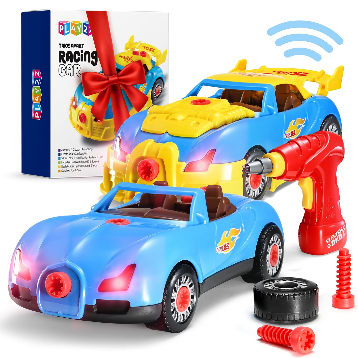 Play22 30-Piece Take Apart Racing Car Set – Drill, Lights & Engine Sounds | STEM Toys for Kids 3+