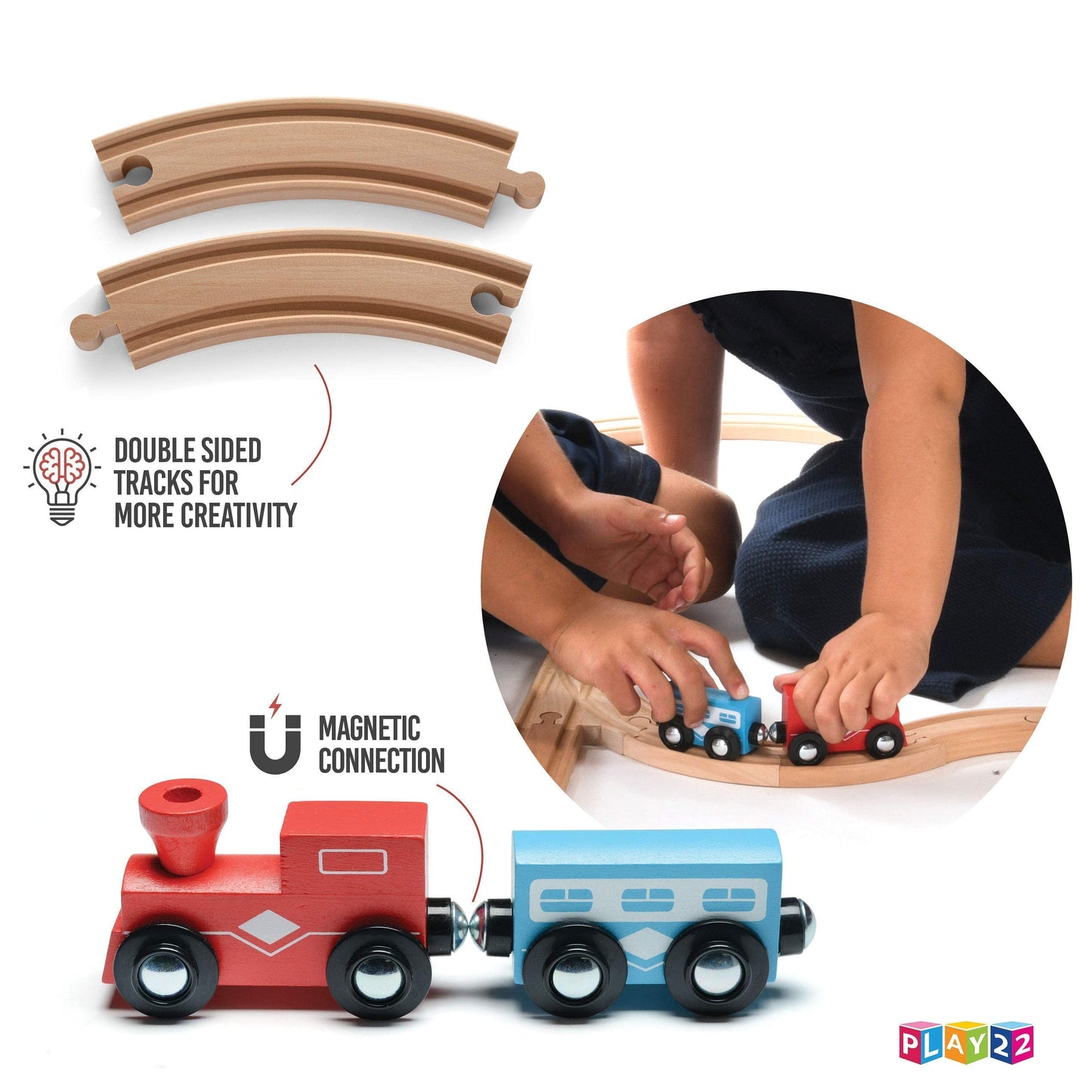 Play22 Wooden Train Tracks – 52 Pcs + 2 Bonus Trains | Thomas & Brio Compatible