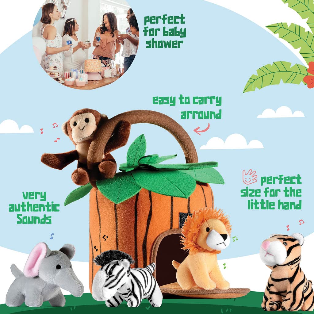 Play22 6-Piece Plush Talking Jungle Animals Set with Carrier - Elephant, Tiger, Lion, Zebra, Monkey
