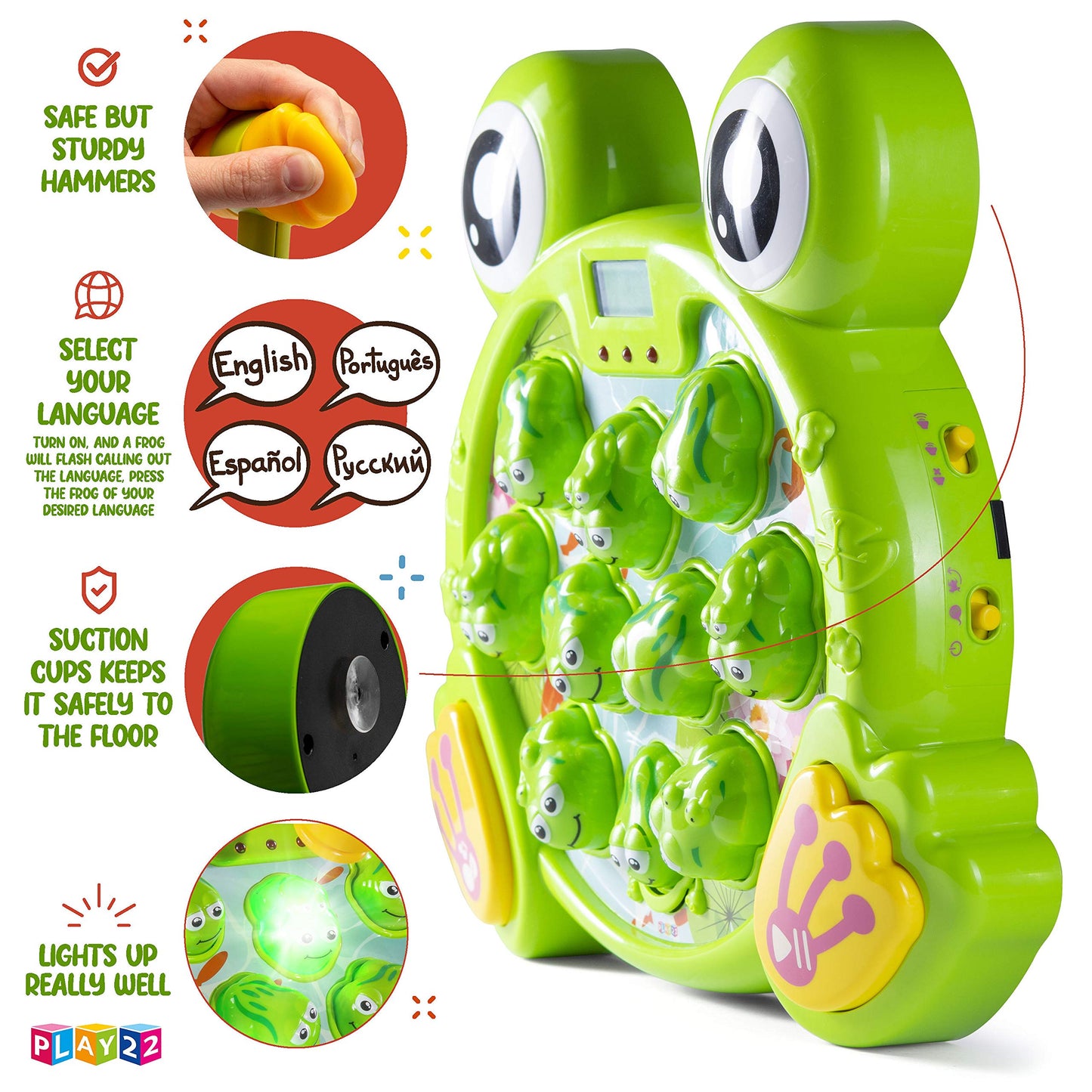 Play22 Whack A Frog Game for Toddlers – 38 Levels, 2 Modes, Multilingual Lights & Sounds