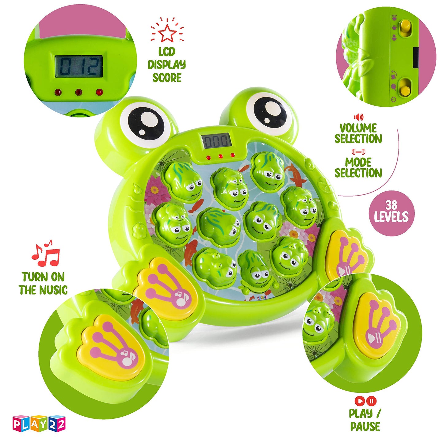 Play22 Whack A Frog Game for Toddlers – 38 Levels, 2 Modes, Multilingual Lights & Sounds