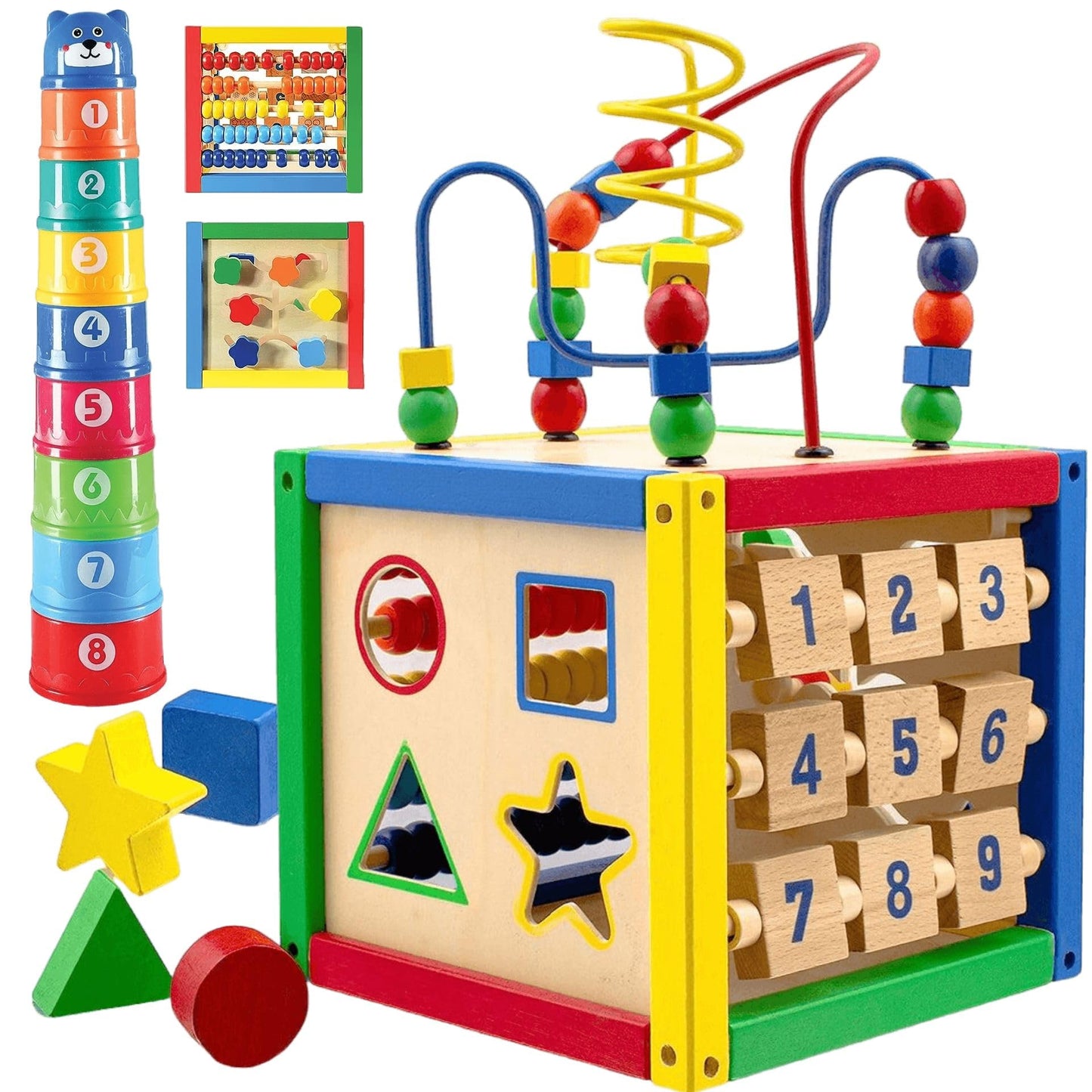 Play22 Wooden Activity Cube for Baby – 6-in-1 Toy with Bead Maze, Shape Sorter, Counting Beads, and 8-Pcs Stacking Cups