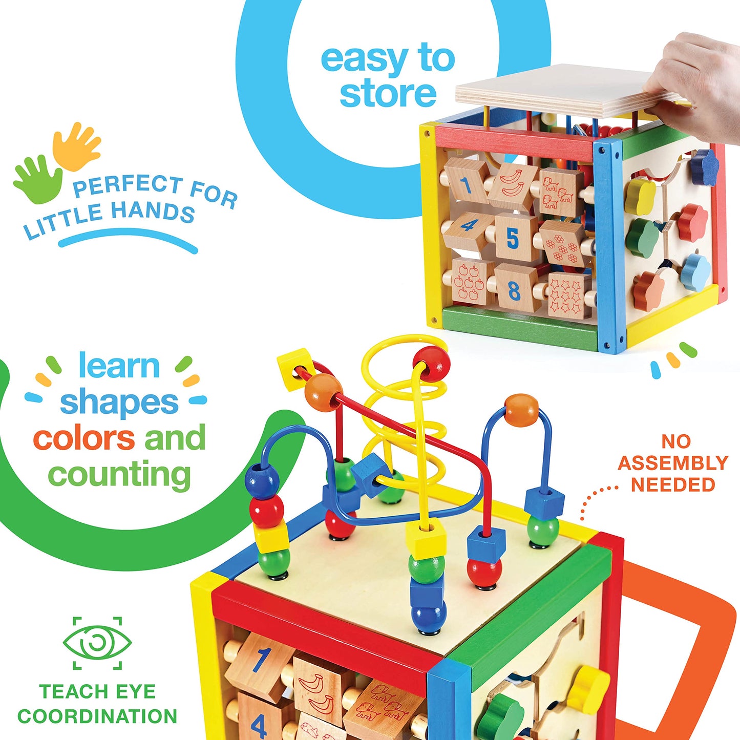Play22 Wooden Activity Cube for Baby – 6-in-1 Toy with Bead Maze, Shape Sorter, Counting Beads, and 8-Pcs Stacking Cups