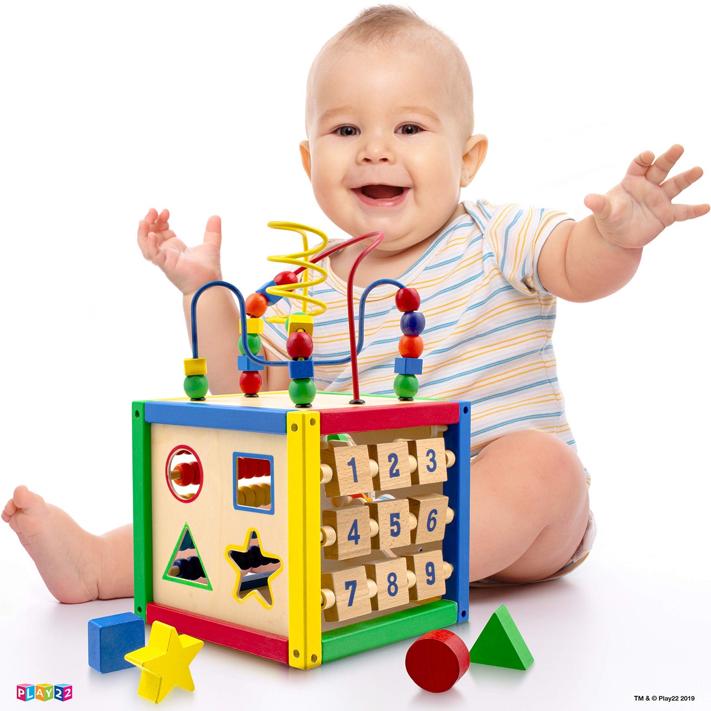 Play22 Wooden Activity Cube for Baby – 6-in-1 Toy with Bead Maze, Shape Sorter, Counting Beads, and 8-Pcs Stacking Cups