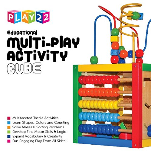 Play22 Wooden Activity Cube for Baby – 6-in-1 Toy with Bead Maze, Shape Sorter, Counting Beads, and 8-Pcs Stacking Cups