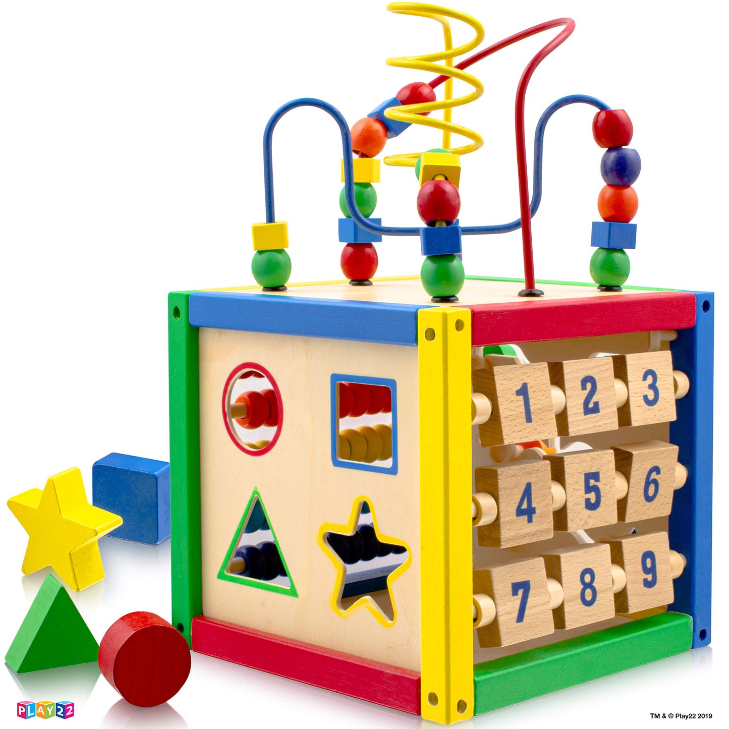 Play22 Wooden Activity Cube for Baby – 6-in-1 Toy with Bead Maze, Shape Sorter, Counting Beads, and 8-Pcs Stacking Cups