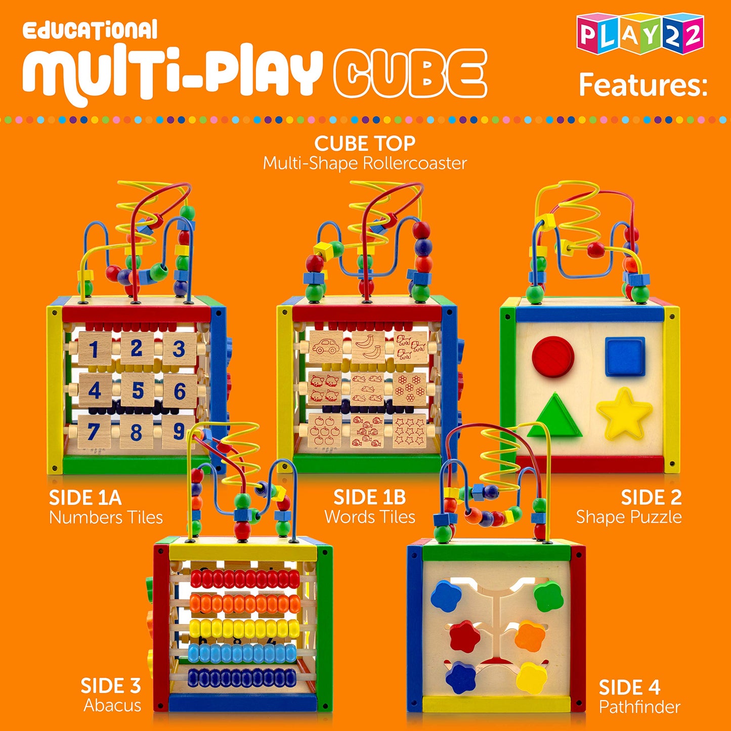 Play22 Wooden Activity Cube for Baby – 6-in-1 Toy with Bead Maze, Shape Sorter, Counting Beads, and 8-Pcs Stacking Cups