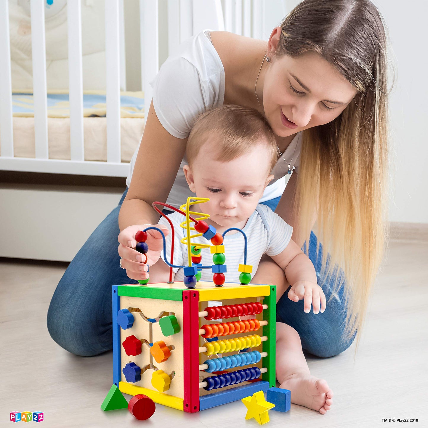 Play22 Wooden Activity Cube for Baby – 6-in-1 Toy with Bead Maze, Shape Sorter, Counting Beads, and 8-Pcs Stacking Cups