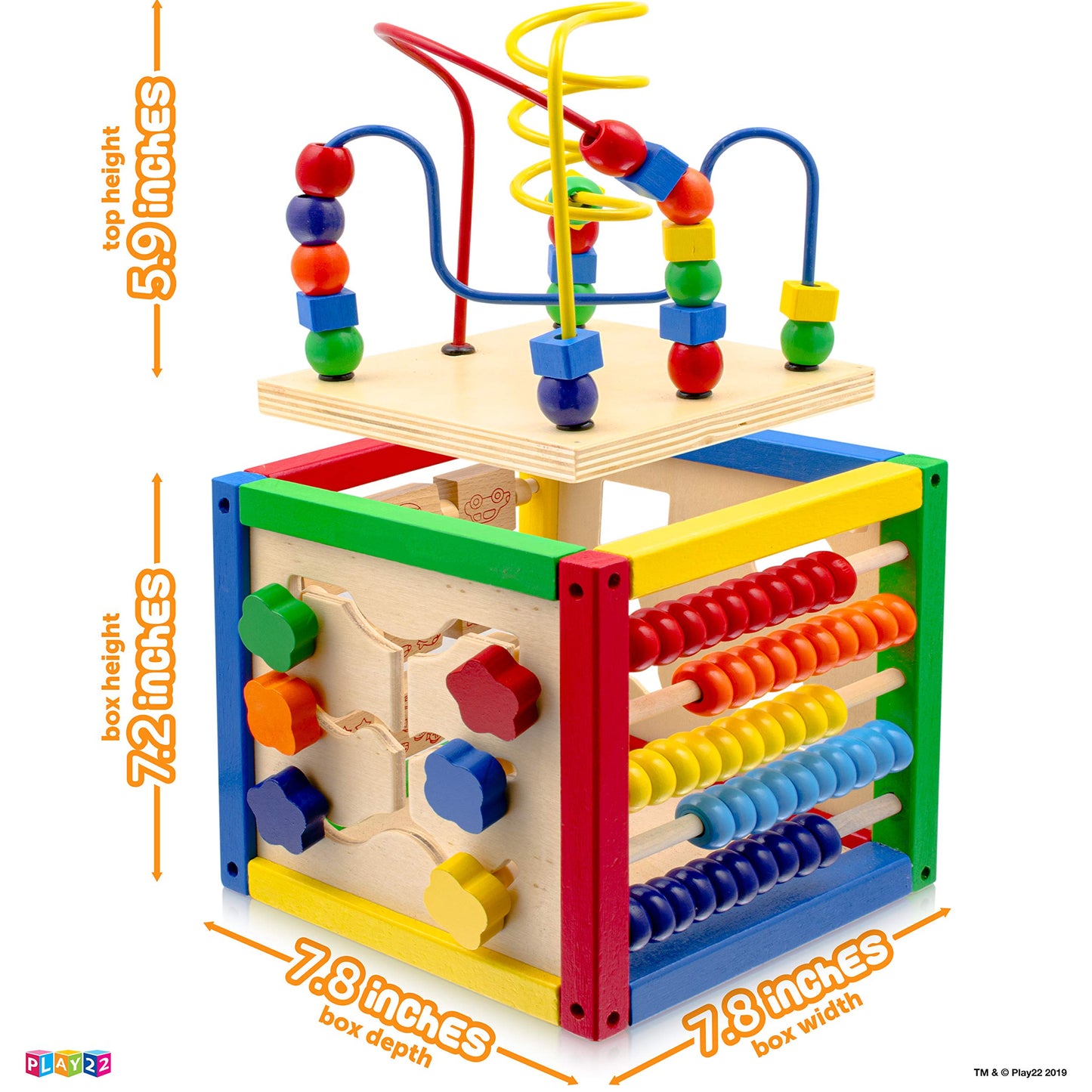 Play22 Wooden Activity Cube for Baby – 6-in-1 Toy with Bead Maze, Shape Sorter, Counting Beads, and 8-Pcs Stacking Cups