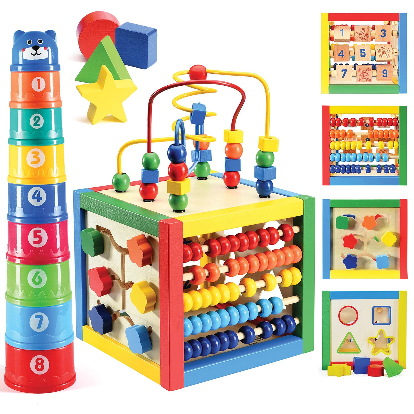 Play22 Wooden Activity Cube for Baby – 6-in-1 Toy with Bead Maze, Shape Sorter, Counting Beads, and 8-Pcs Stacking Cups