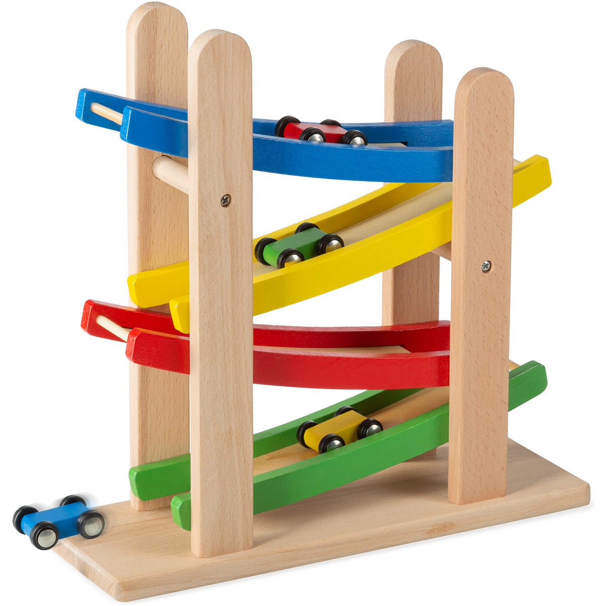 Play22 Wooden Car Ramps: 4-Level Race Track with 4 Wooden Cars - Toddler Toy Set