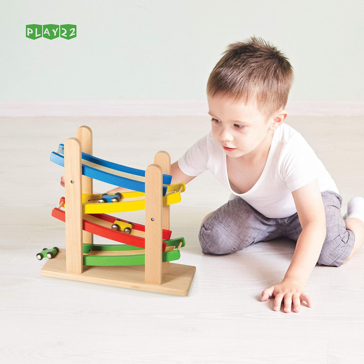 Play22 Wooden Car Ramps: 4-Level Race Track with 4 Wooden Cars - Toddler Toy Set