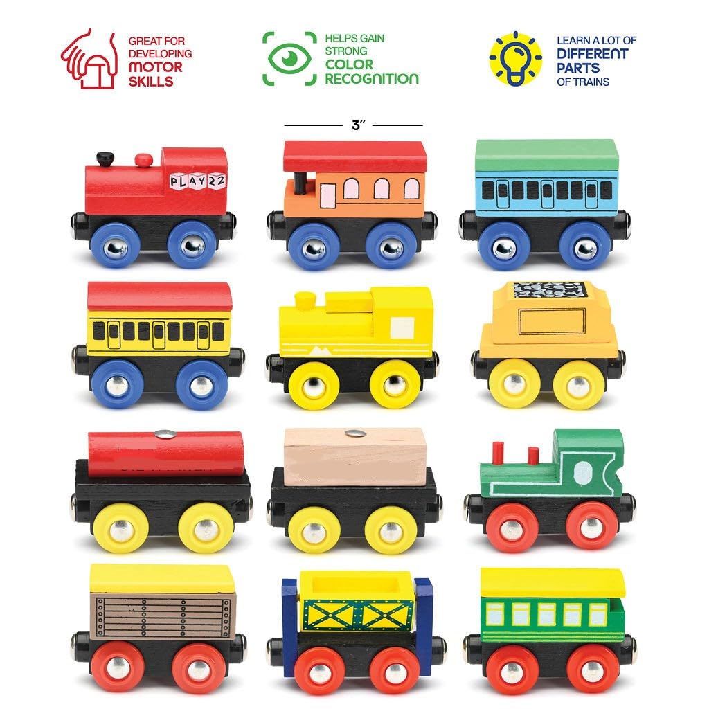 Play22 Wooden Train Set 12 Pcs – Magnetic Engines, 3 Locomotives, Compatible with Major Brands