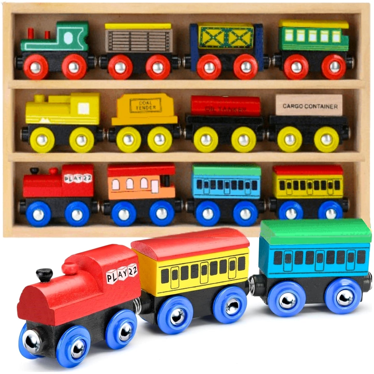 Play22 Wooden Train Set 12 Pcs – Magnetic Engines, 3 Locomotives, Compatible with Major Brands