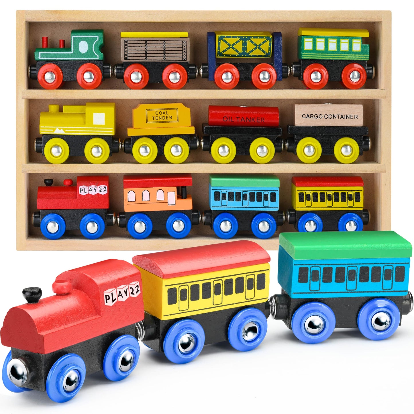 Play22 Wooden Train Set 12 Pcs – Magnetic Engines, 3 Locomotives, Compatible with Major Brands