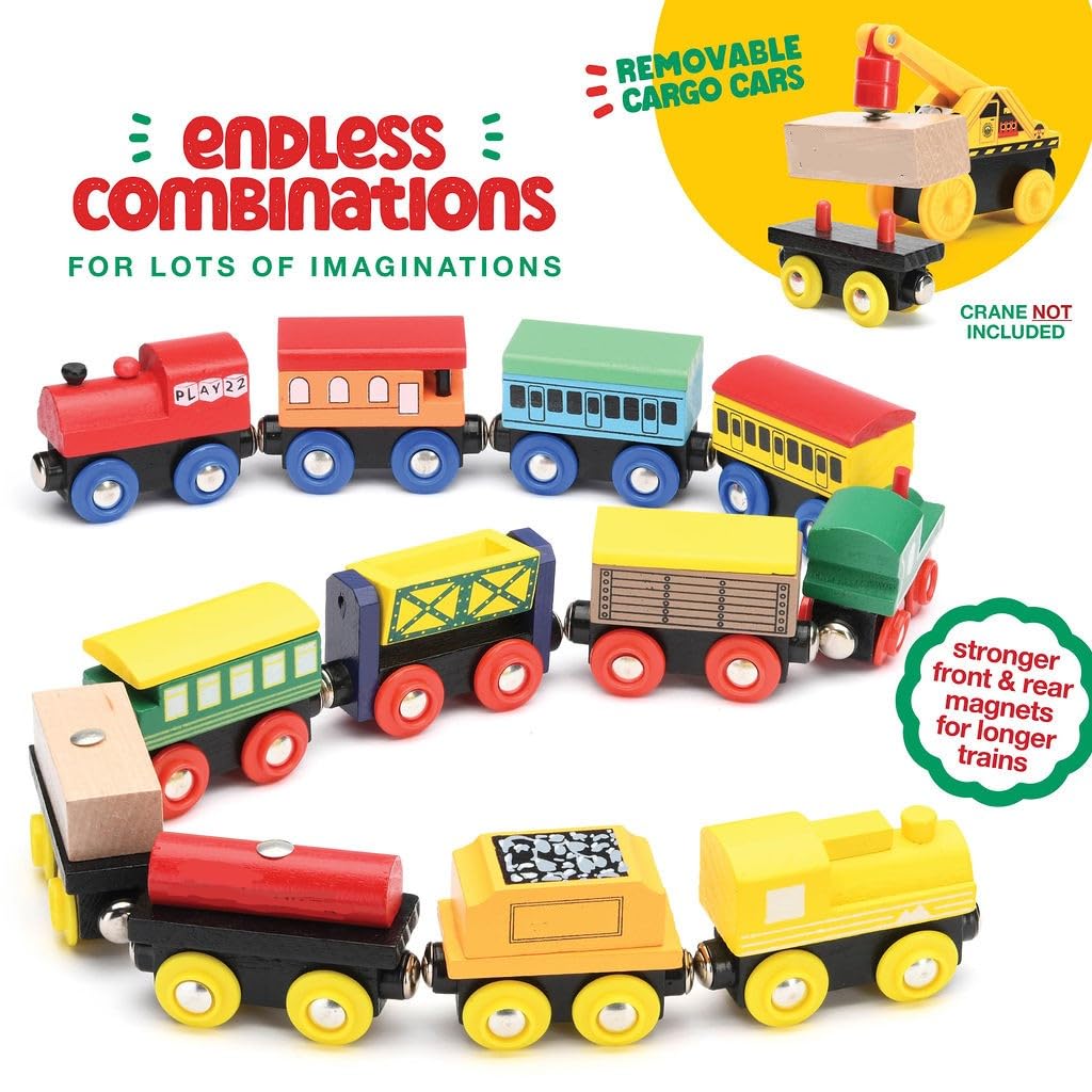 Play22 Wooden Train Set 12 Pcs – Magnetic Engines, 3 Locomotives, Compatible with Major Brands