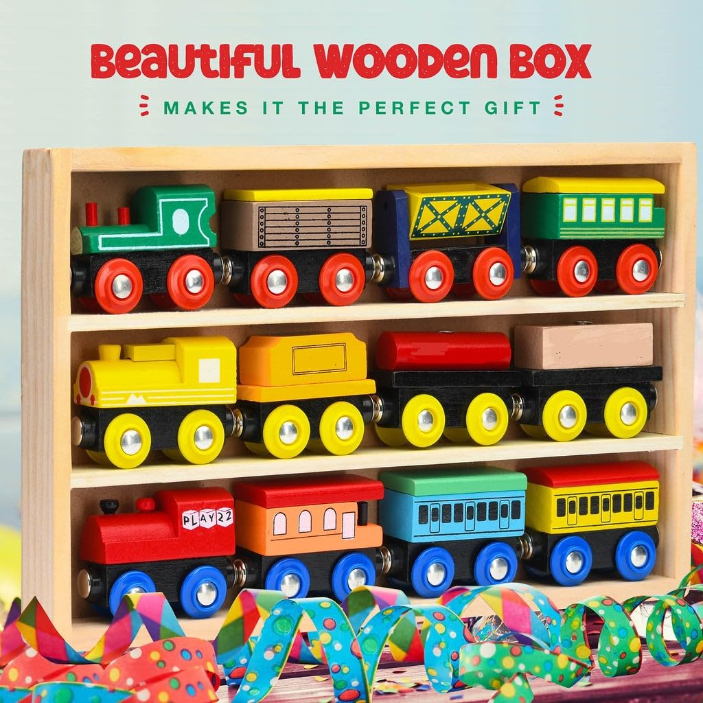 Play22 Wooden Train Set 12 Pcs – Magnetic Engines, 3 Locomotives, Compatible with Major Brands