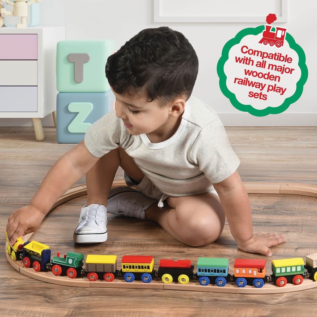 Play22 Wooden Train Set 12 Pcs – Magnetic Engines, 3 Locomotives, Compatible with Major Brands