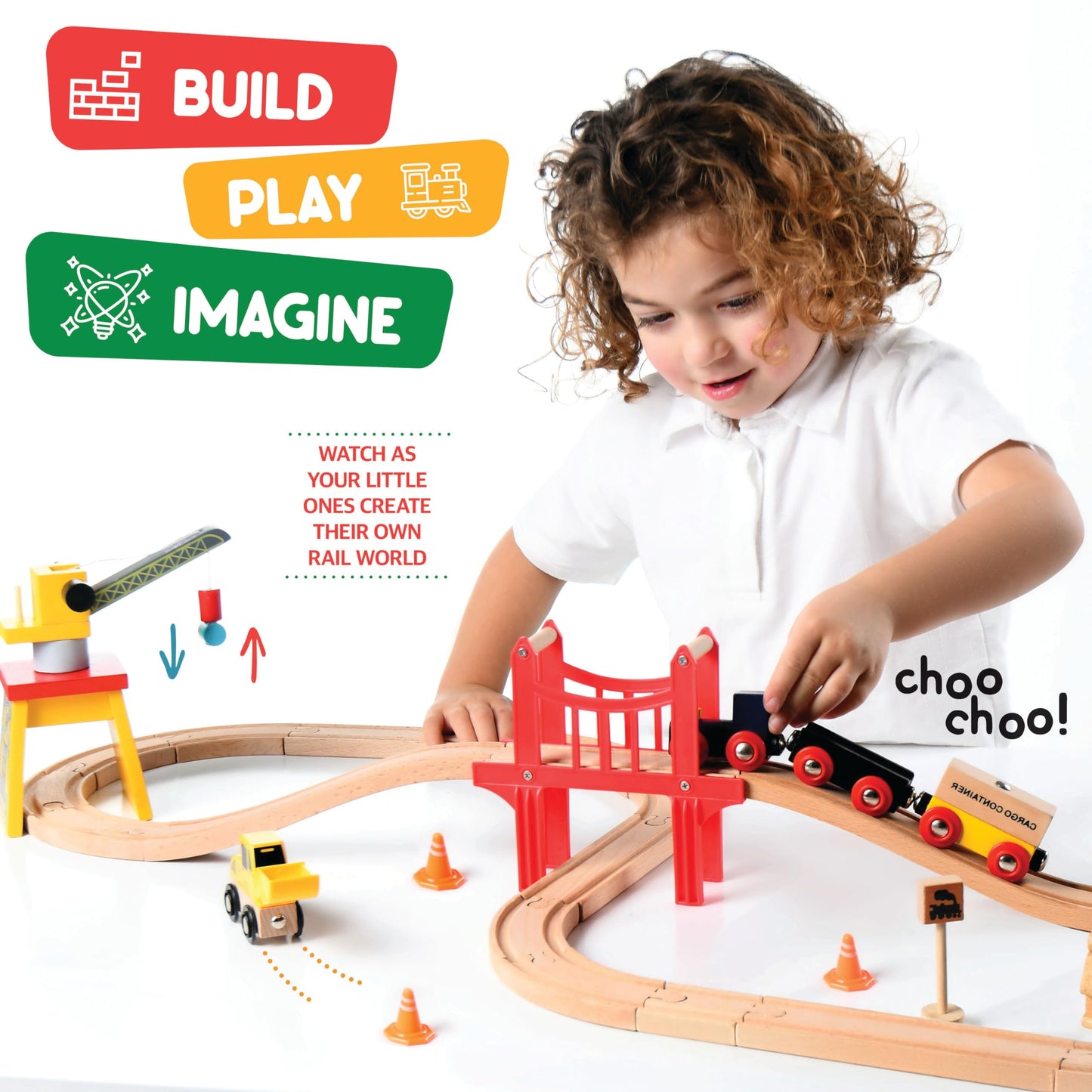 Play22 Wooden Train Set Toddler Toys - 38-Piece Wood Train Track Set with Crane & Bridge