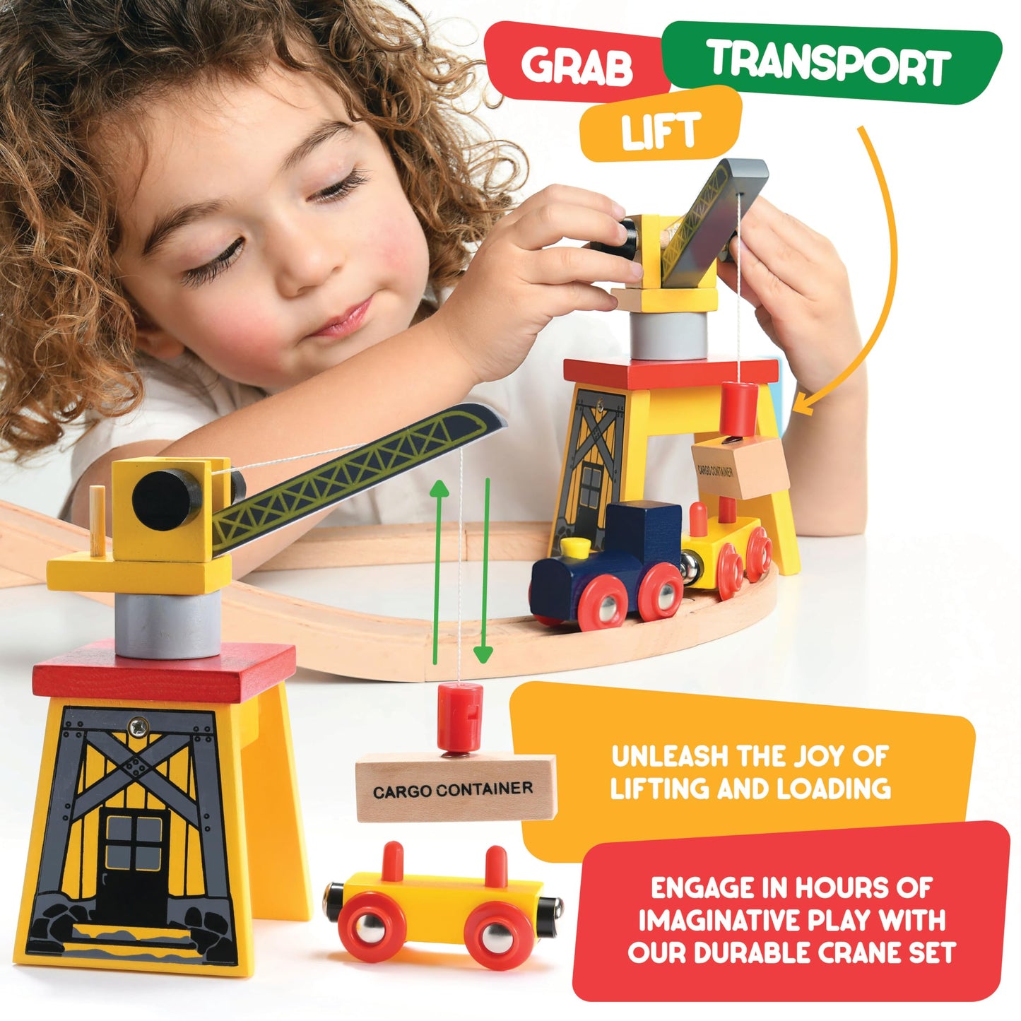 Play22 Wooden Train Set Toddler Toys - 38-Piece Wood Train Track Set with Crane & Bridge