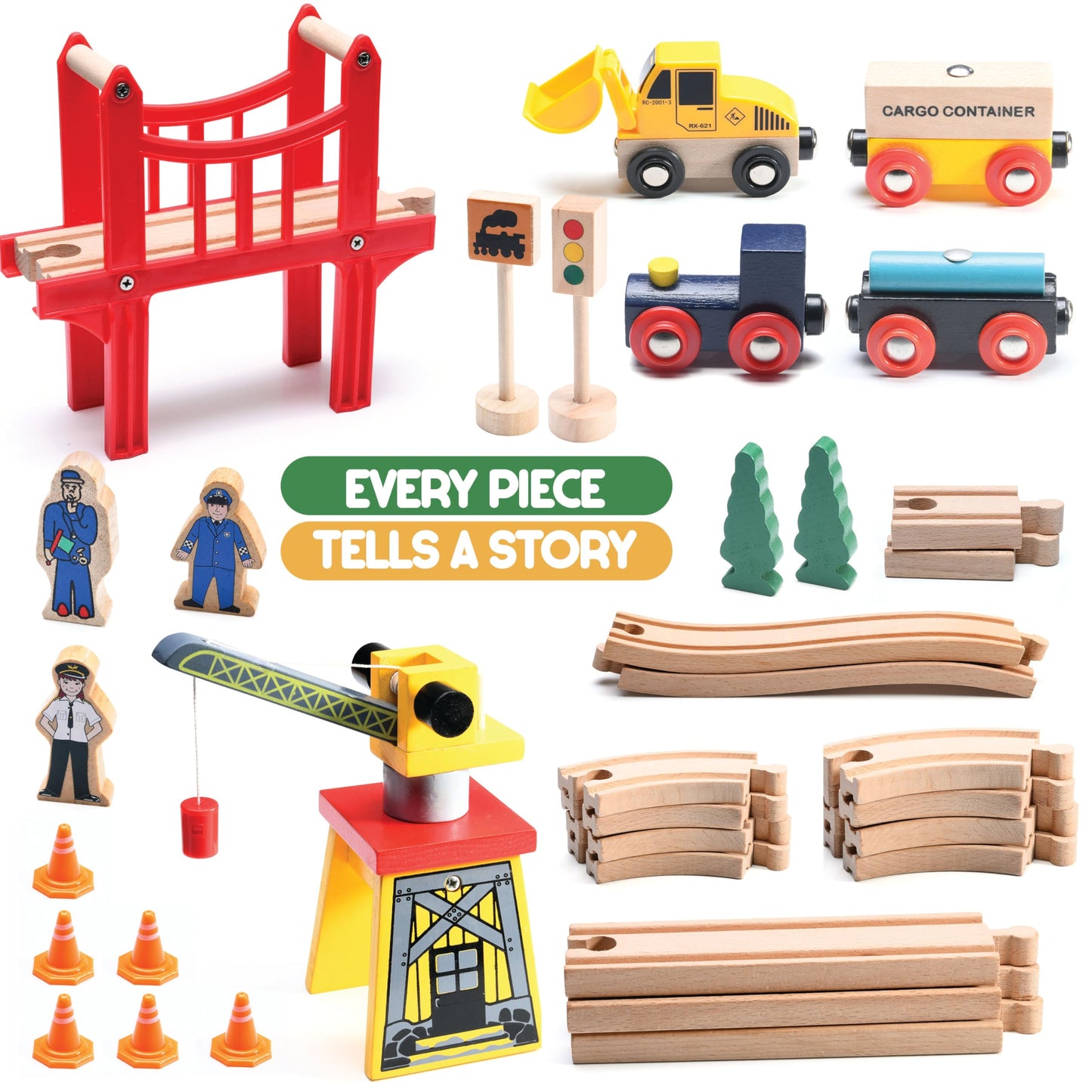 Play22 Wooden Train Set Toddler Toys - 38-Piece Wood Train Track Set with Crane & Bridge
