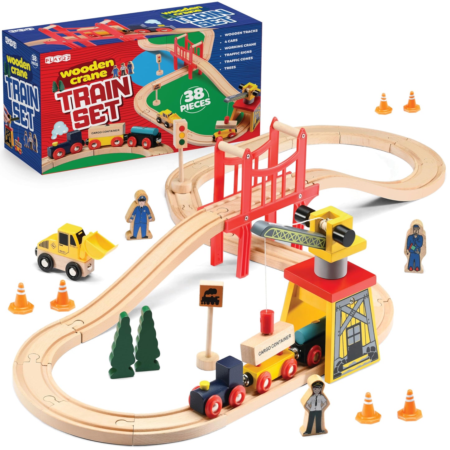 Play22 Wooden Train Set Toddler Toys - 38-Piece Wood Train Track Set with Crane & Bridge