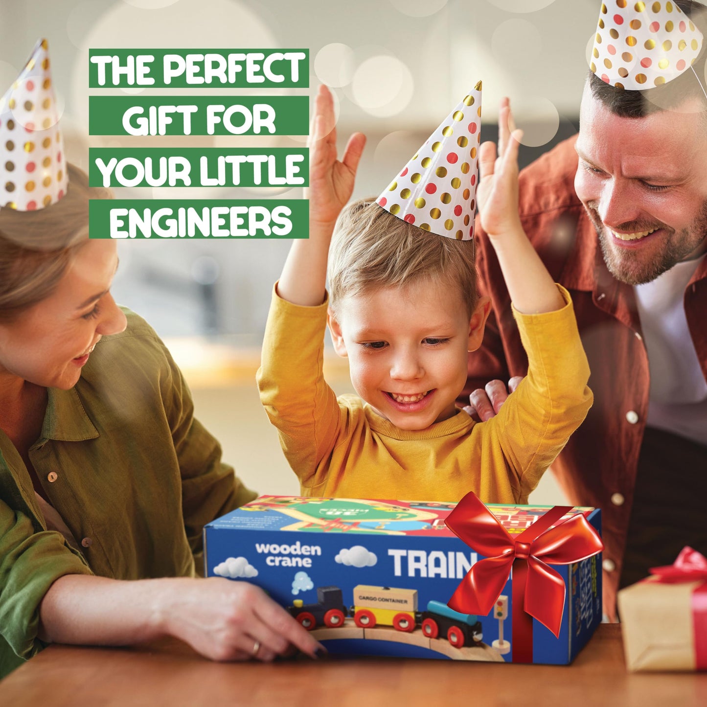 Play22 Wooden Train Set Toddler Toys - 38-Piece Wood Train Track Set with Crane & Bridge