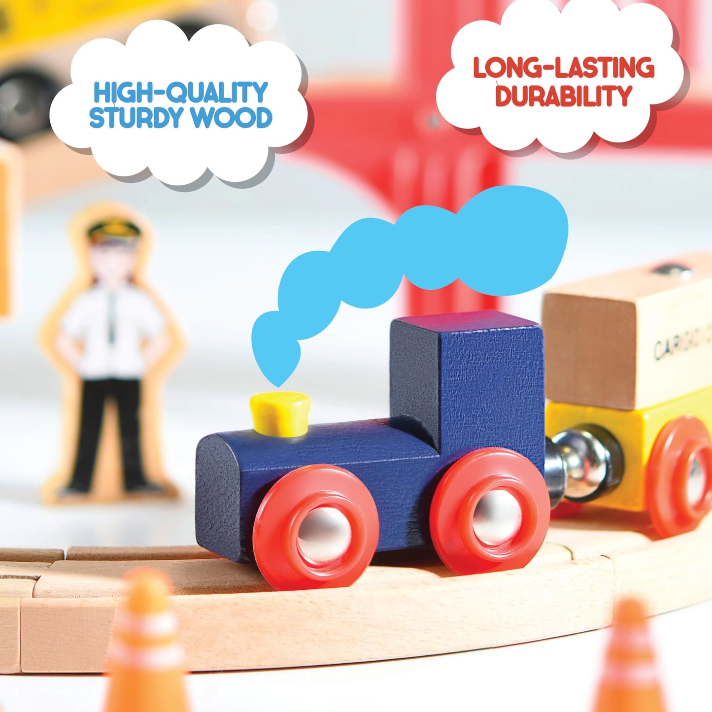 Play22 Wooden Train Set Toddler Toys - 38-Piece Wood Train Track Set with Crane & Bridge