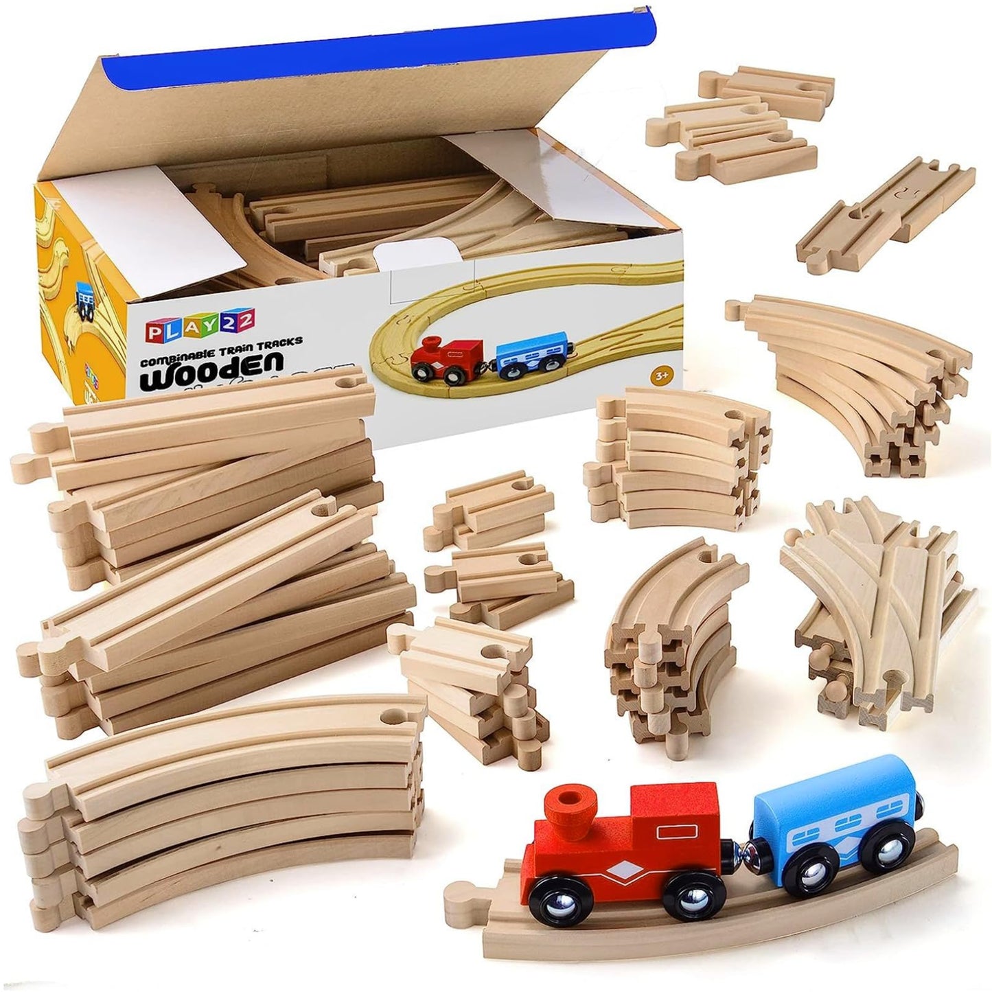 Play22 Wooden Train Tracks – 52 Pcs + 2 Bonus Trains | Thomas & Brio Compatible