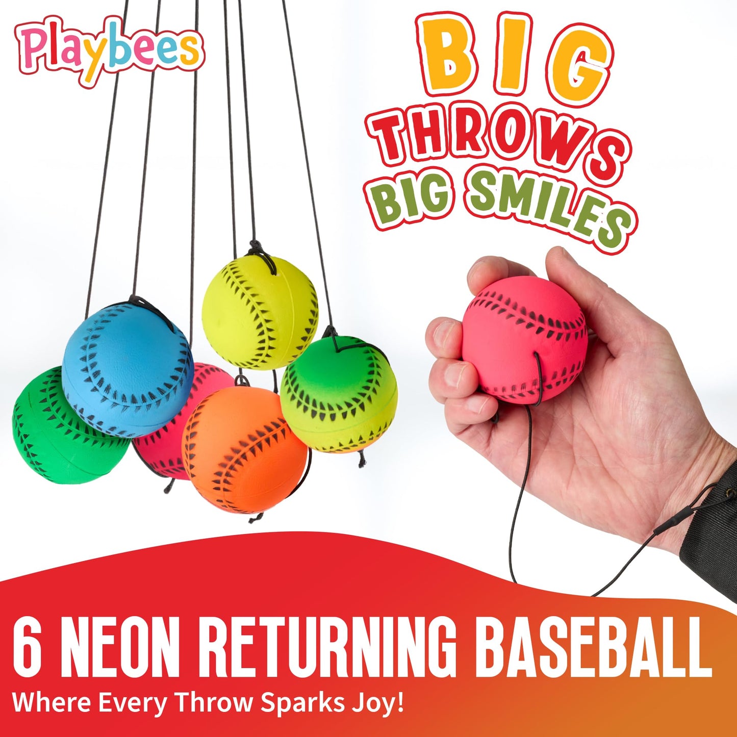 Playbees Wrist Baseballs Neon Reactive – 6 Pack for Kids’ Outdoor Practice & Fun