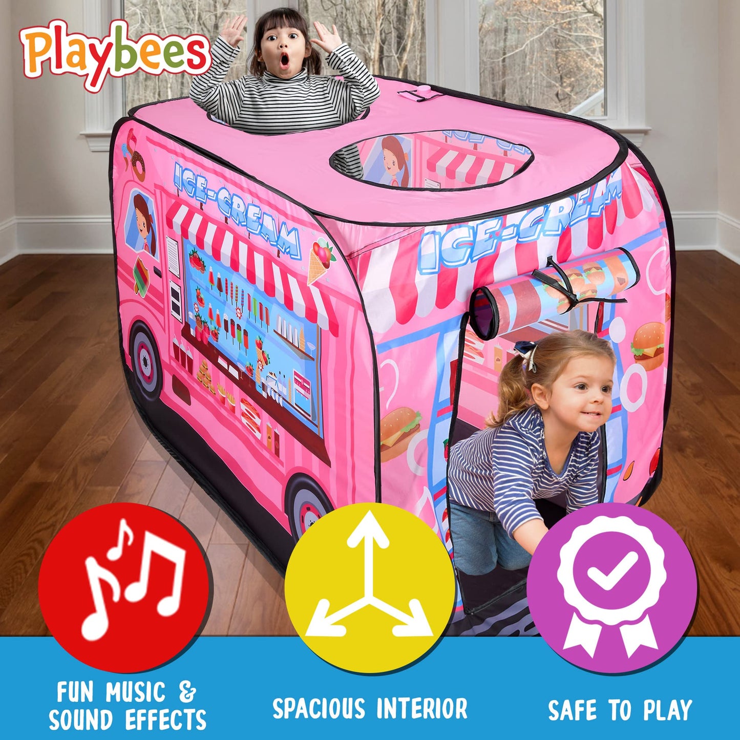 Playbees Musical Ice Cream Truck Pop Up Tent for Toddlers – 43.5 x 28 x 26.5 in, Indoor & Outdoor