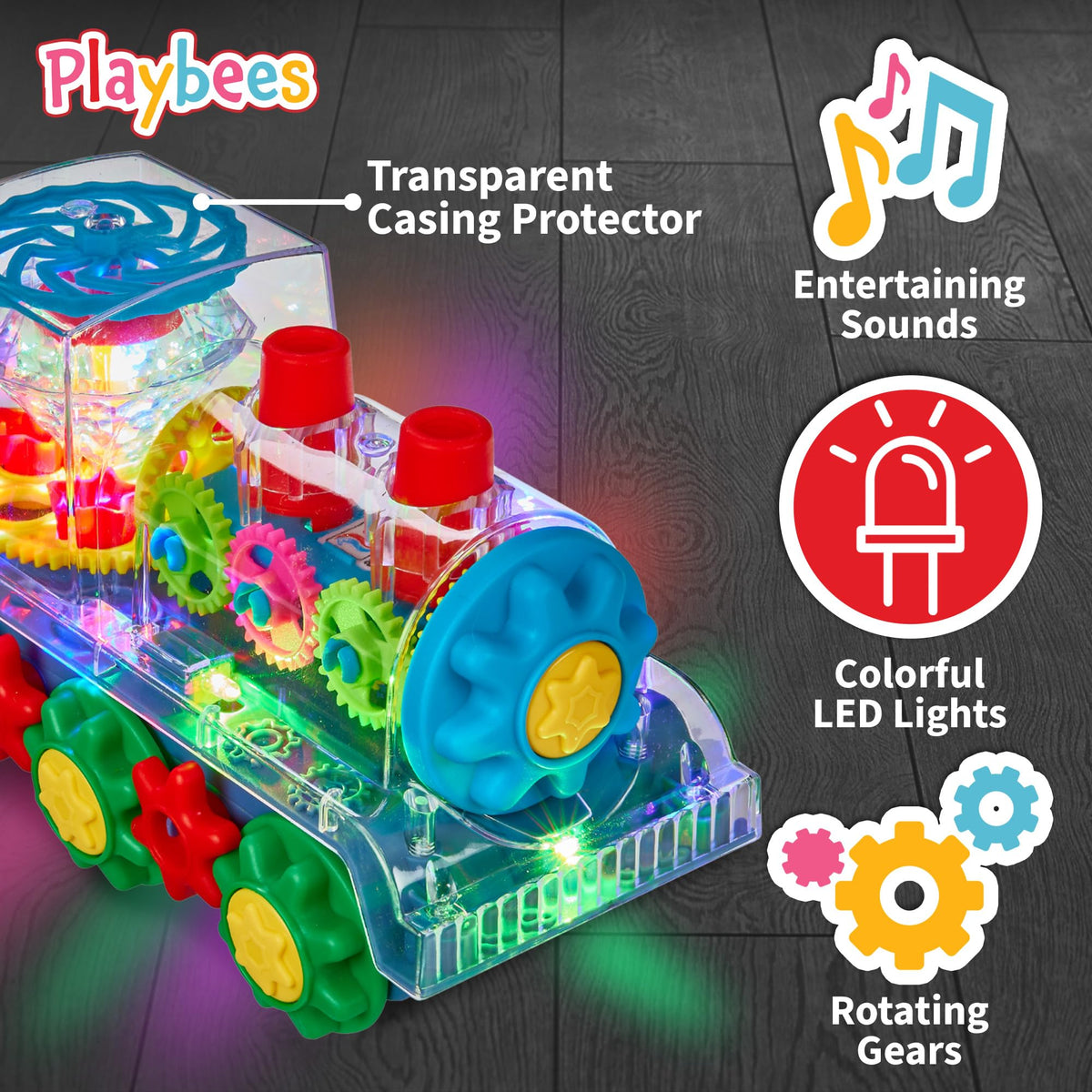 Playbees Light Up Train - Transparent Gear Car for Crawling, Music & Early Learning