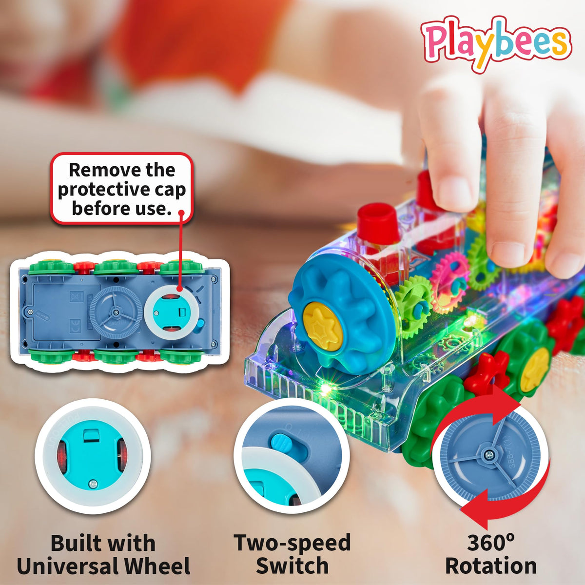 Playbees Light Up Train - Transparent Gear Car for Crawling, Music & Early Learning