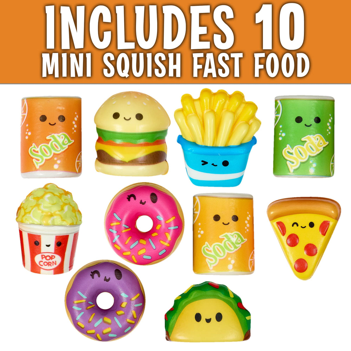 Playbees Mini Squish Fast Food Toys – 10 Pack, Sensory Fidgets for Kids