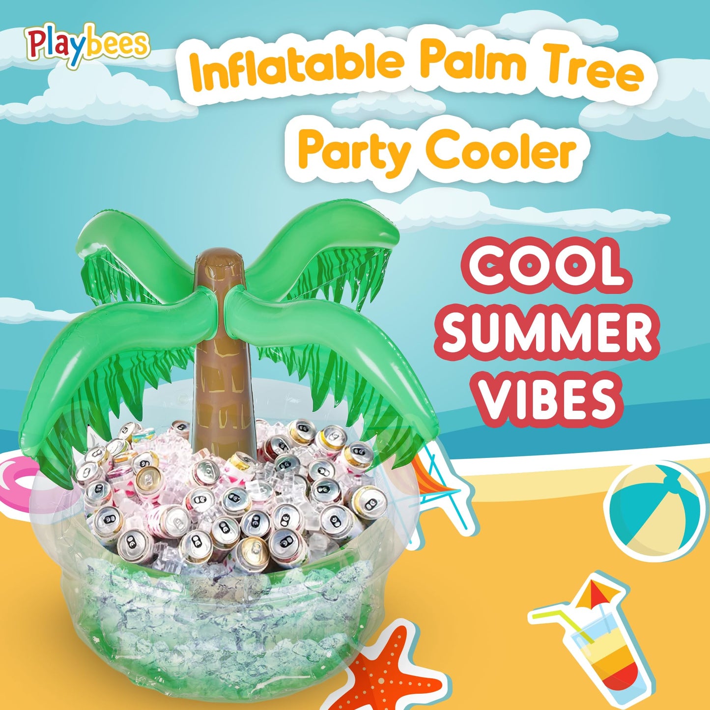 Playbees Inflatable Palm Tree Cooler 28 Inch - Blow Up Palm Tree Party Cooler for Pool Luau & Summer Parties