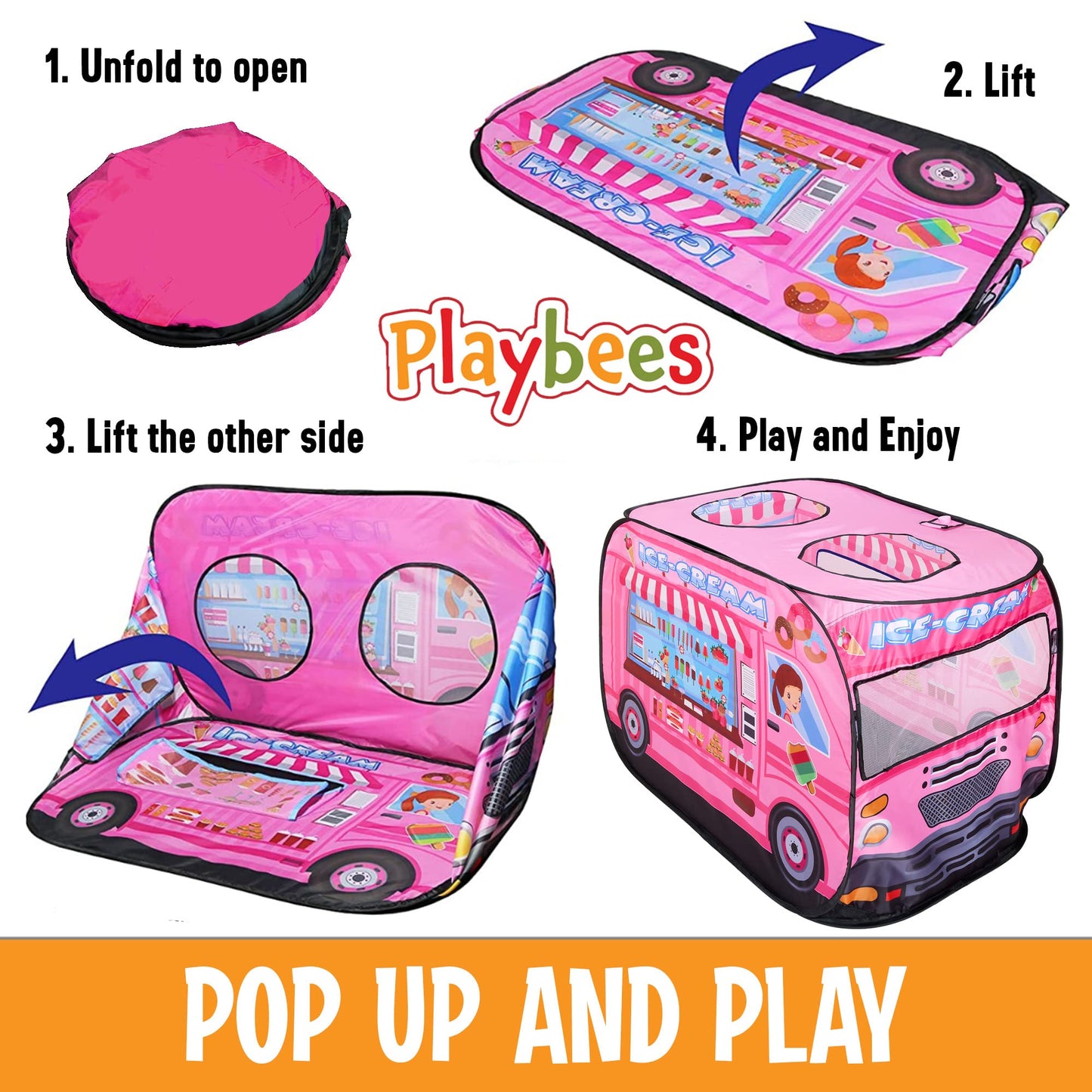 Playbees Musical Ice Cream Truck Pop Up Tent for Toddlers – 43.5 x 28 x 26.5 in, Indoor & Outdoor