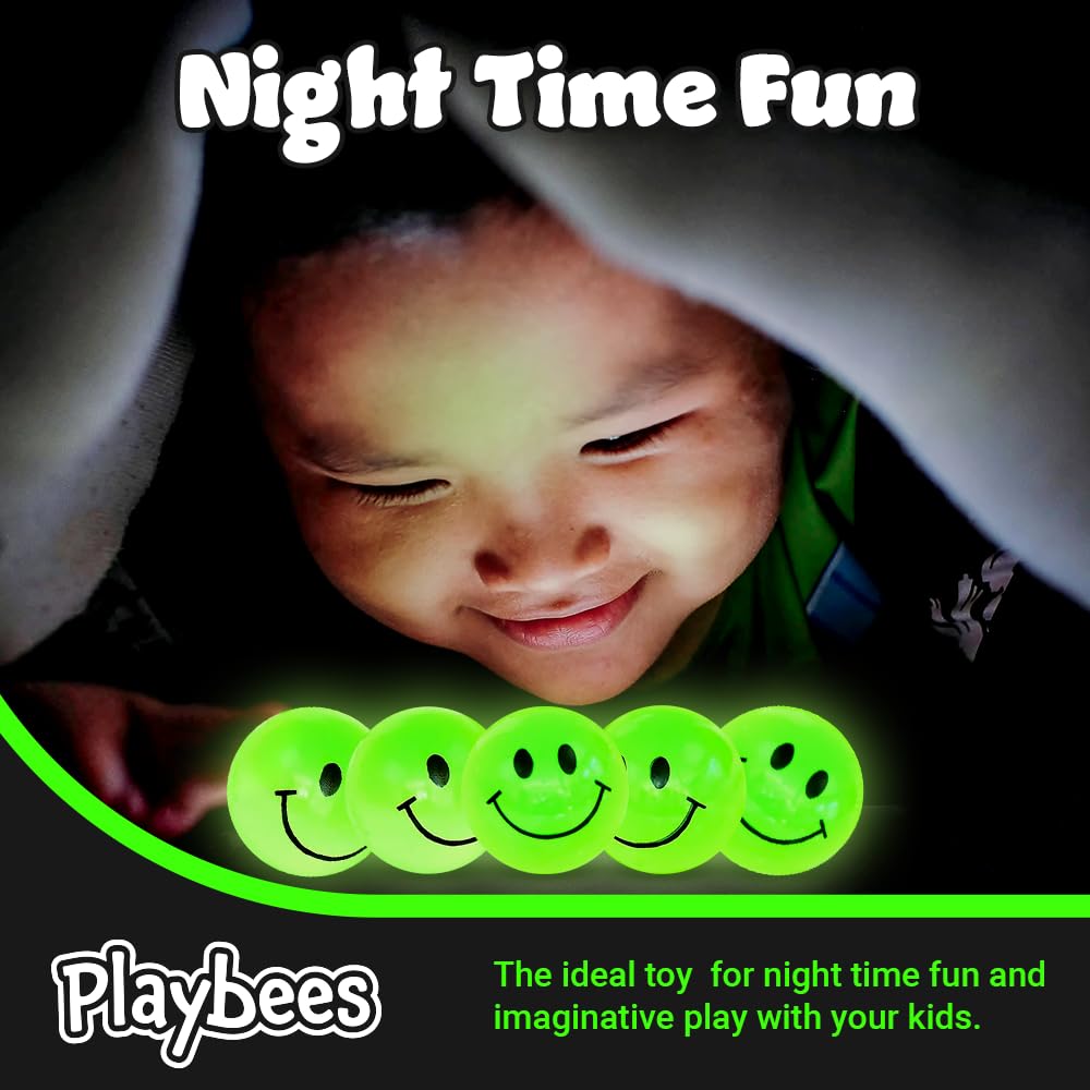 Playbees Glow in the Dark Smile Face Bouncing Balls – 36 Pack, 1-Inch High Bounce for Kids