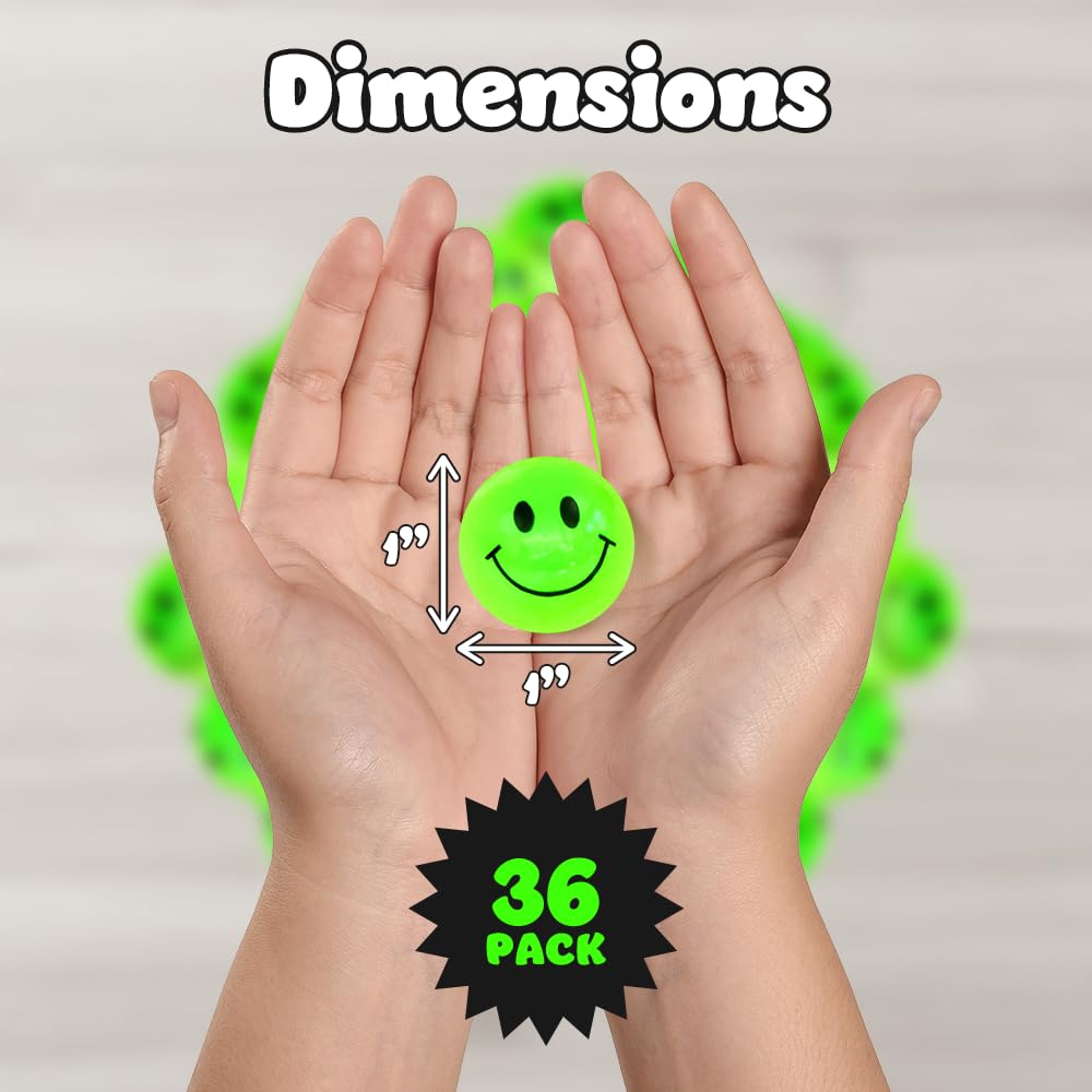 Playbees Glow in the Dark Smile Face Bouncing Balls – 36 Pack, 1-Inch High Bounce for Kids
