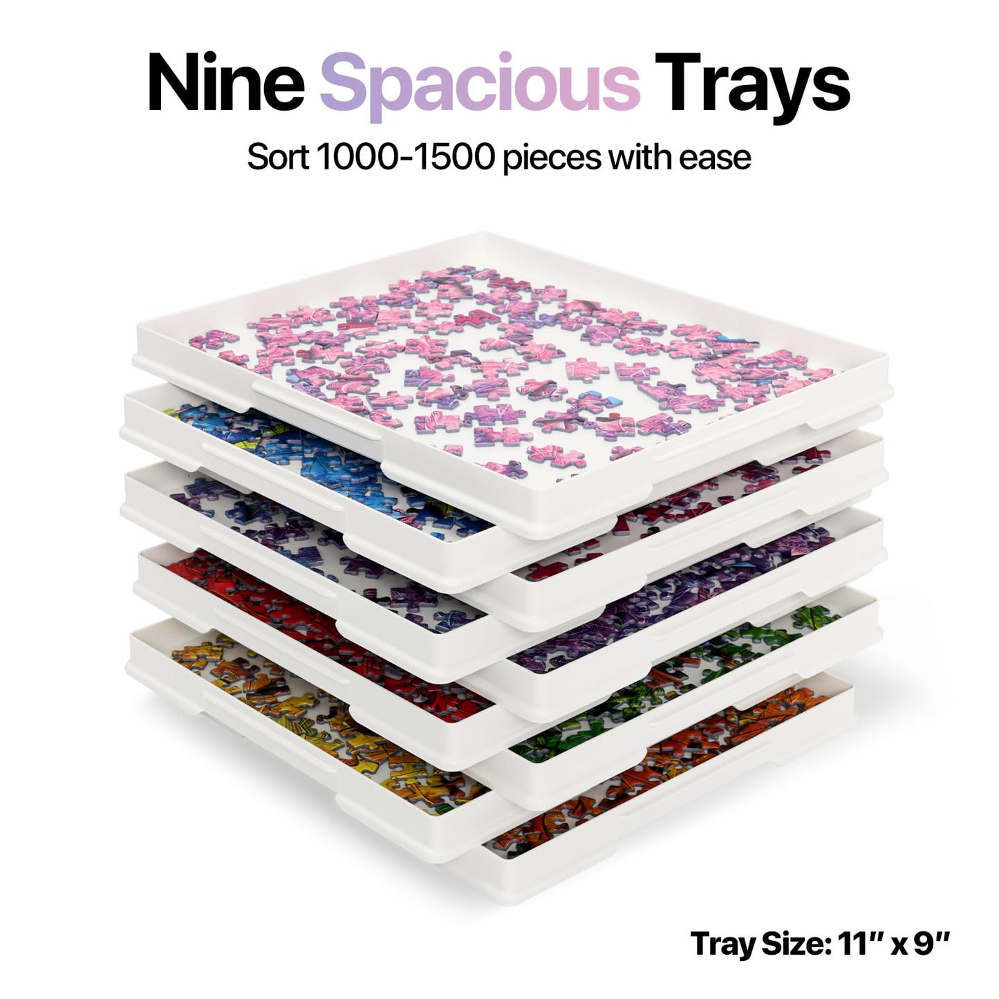 Playboda 9-Pack Puzzle Sorting Trays with Lid Stand – 11x9, Stackable for 1000–1500 Piece Puzzles