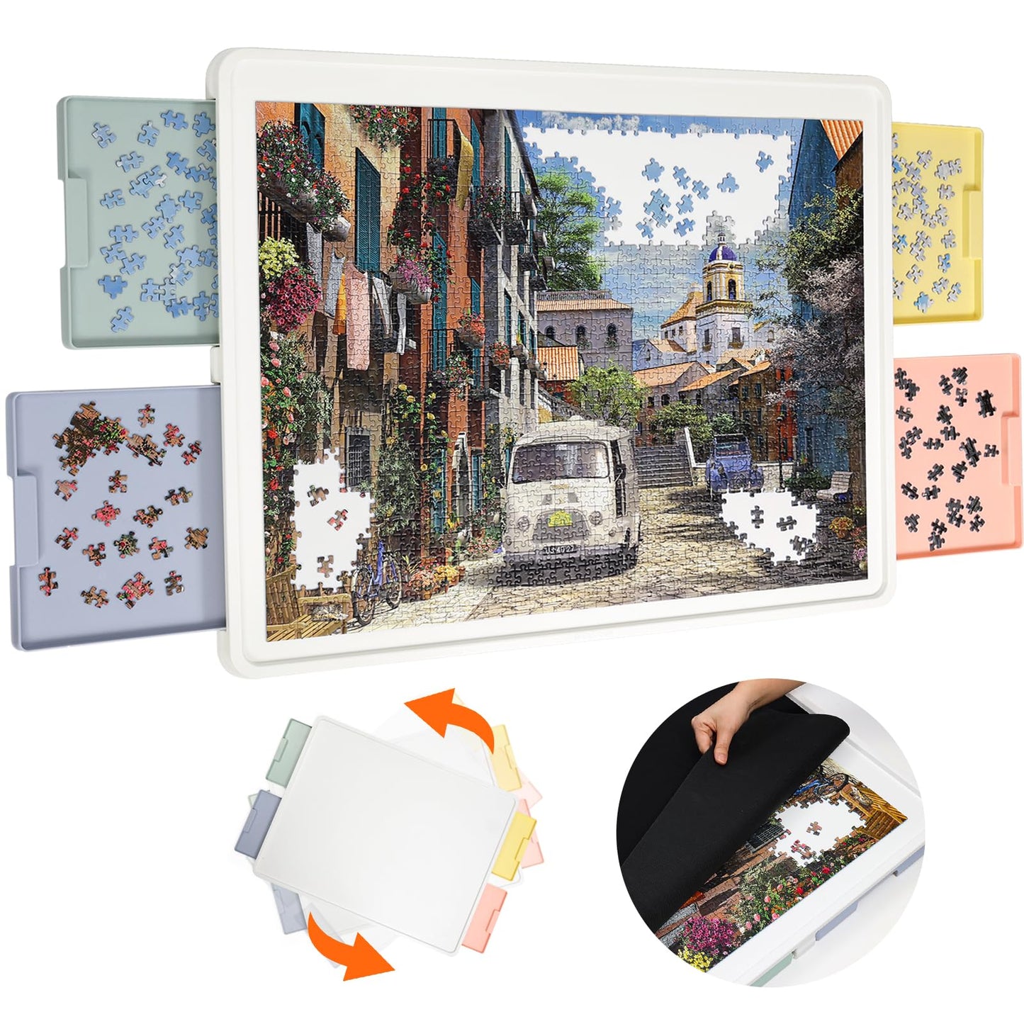 Playboda 1500-Piece Rotating Puzzle Board with Drawers & Cover – 35x27 in