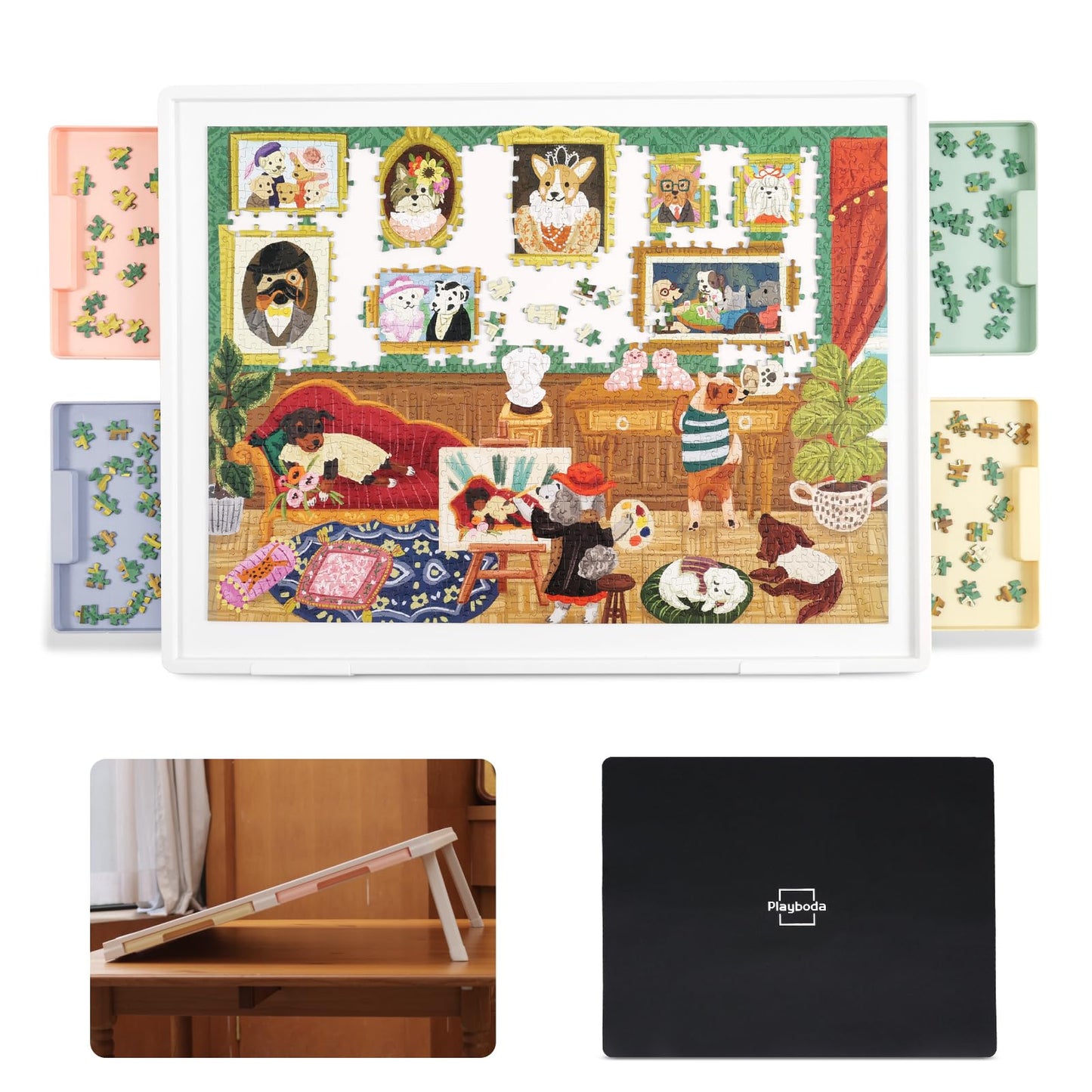 Playboda 1000-Piece Tilting Puzzle Board (30x22) – 4 Drawers, Protective Mat, Built-In Stand