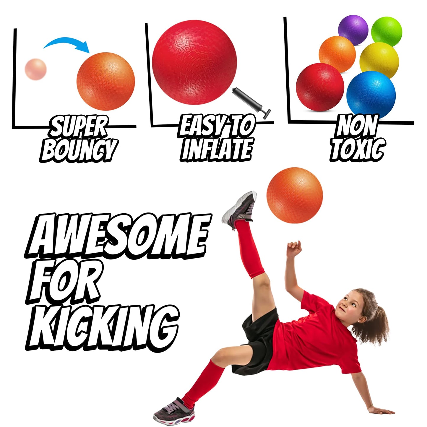 PlayBolt 10-Inch Kickball Playground Balls – Pack of 6 with Hand Pump