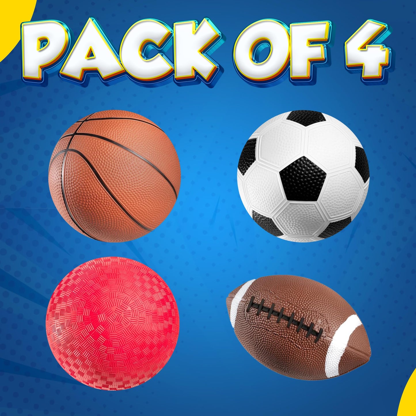 PlayBolt 8.5” Sports Balls — 4-Pack for Kids and Toddlers | Soccer, Basketball, Playground, Football + Pump