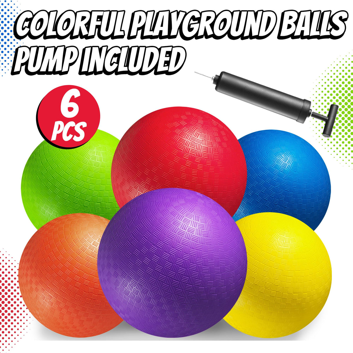 PlayBolt 5” Playground Balls — 6 Pack with Pump for Four Square, Dodgeball, Gym & Backyard
